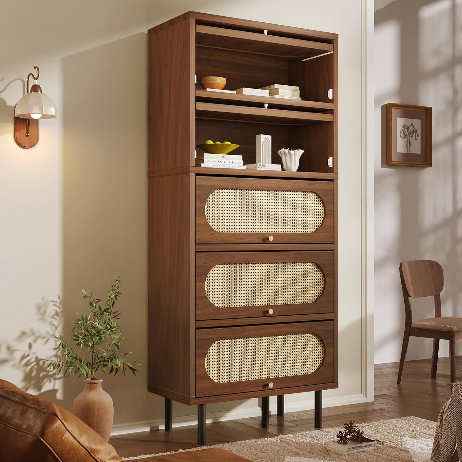 Merax Kommode mit 5 Schublade, Sideboard Nussbaum mit Rattan, Komodenschrank, Mehrzweckschrank, Kommode, Flurschrank, Highboard für Schlafzimmer und Wohnzimmer, Retro, 80x40x163 cm, Nussbaum