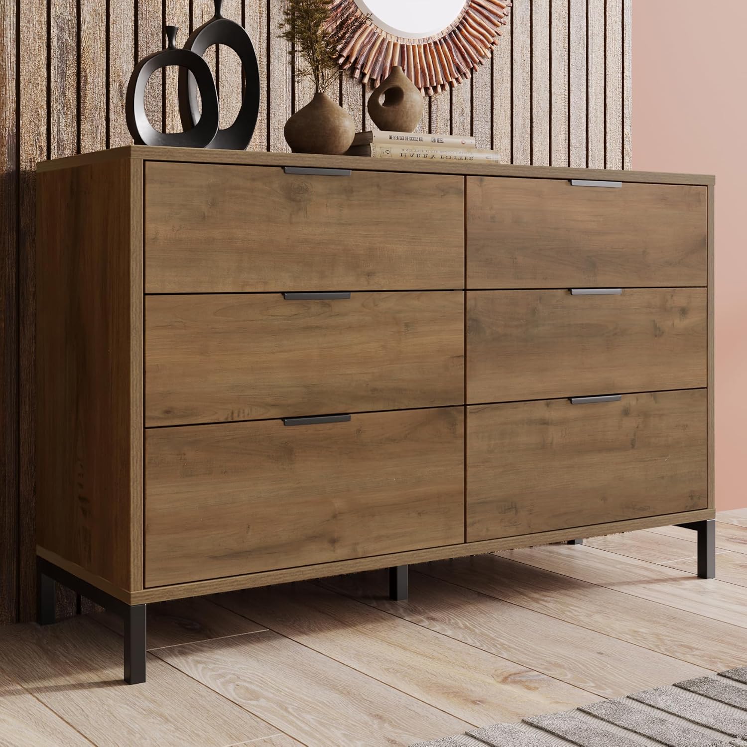 Merax Kommode mit 6 Schubladen 120 cm, Sideboard Schubladenschrank mit Viel Stauraum, Aufbewahrungsschrank in Dunkle Eiche, Verstellbares Metallbeinen, für Schlafzimmer, Wohnzimmer, 120 x 40 x 76 cm — Ansicht 3