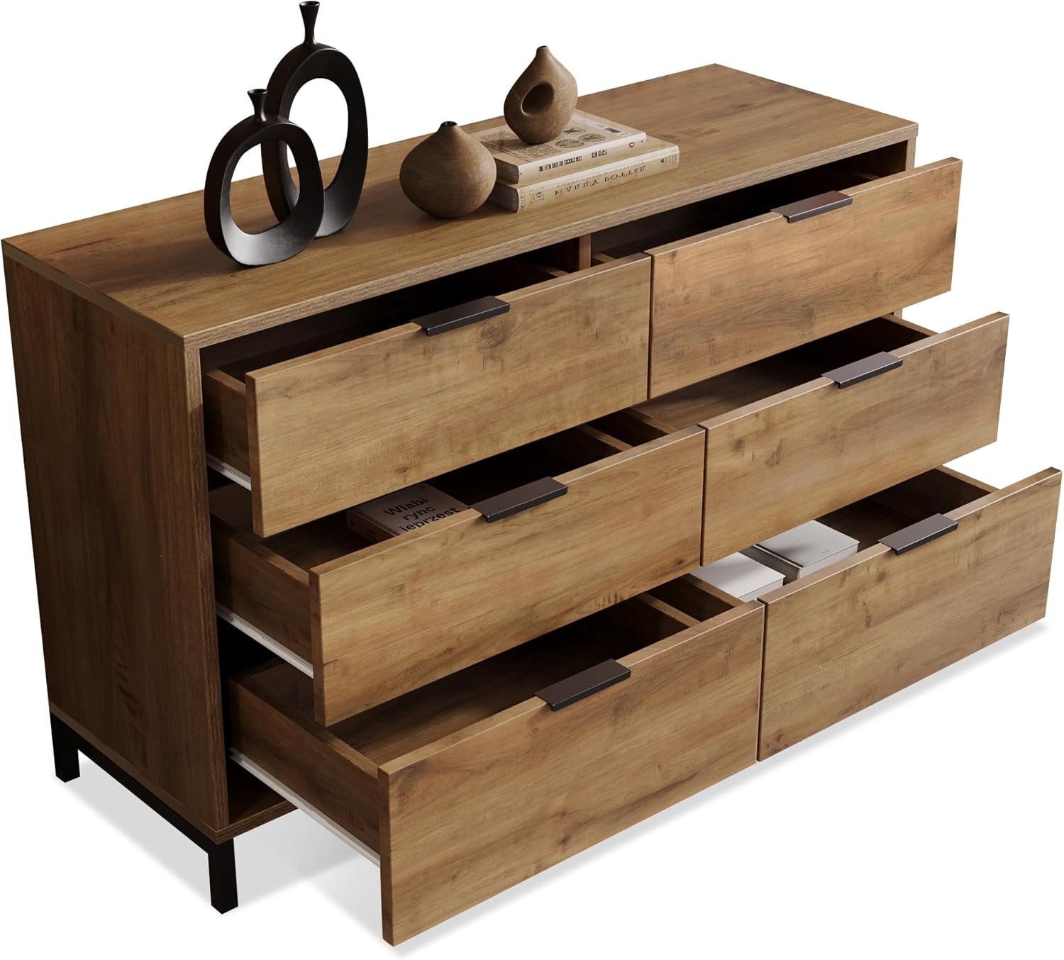 Merax Kommode mit 6 Schubladen 120 cm, Sideboard Schubladenschrank mit Viel Stauraum, Aufbewahrungsschrank in Dunkle Eiche, Verstellbares Metallbeinen, für Schlafzimmer, Wohnzimmer, 120 x 40 x 76 cm — Ansicht 5