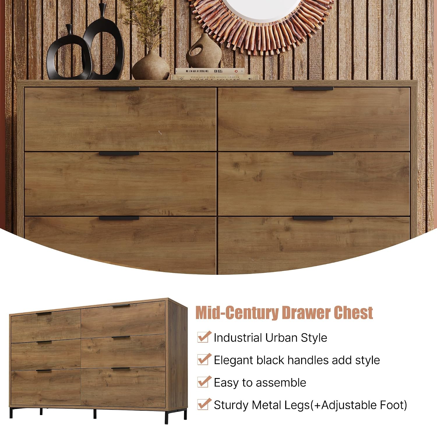Merax Kommode mit 6 Schubladen 120 cm, Sideboard Schubladenschrank mit Viel Stauraum, Aufbewahrungsschrank in Dunkle Eiche, Verstellbares Metallbeinen, für Schlafzimmer, Wohnzimmer, 120 x 40 x 76 cm — Ansicht 6