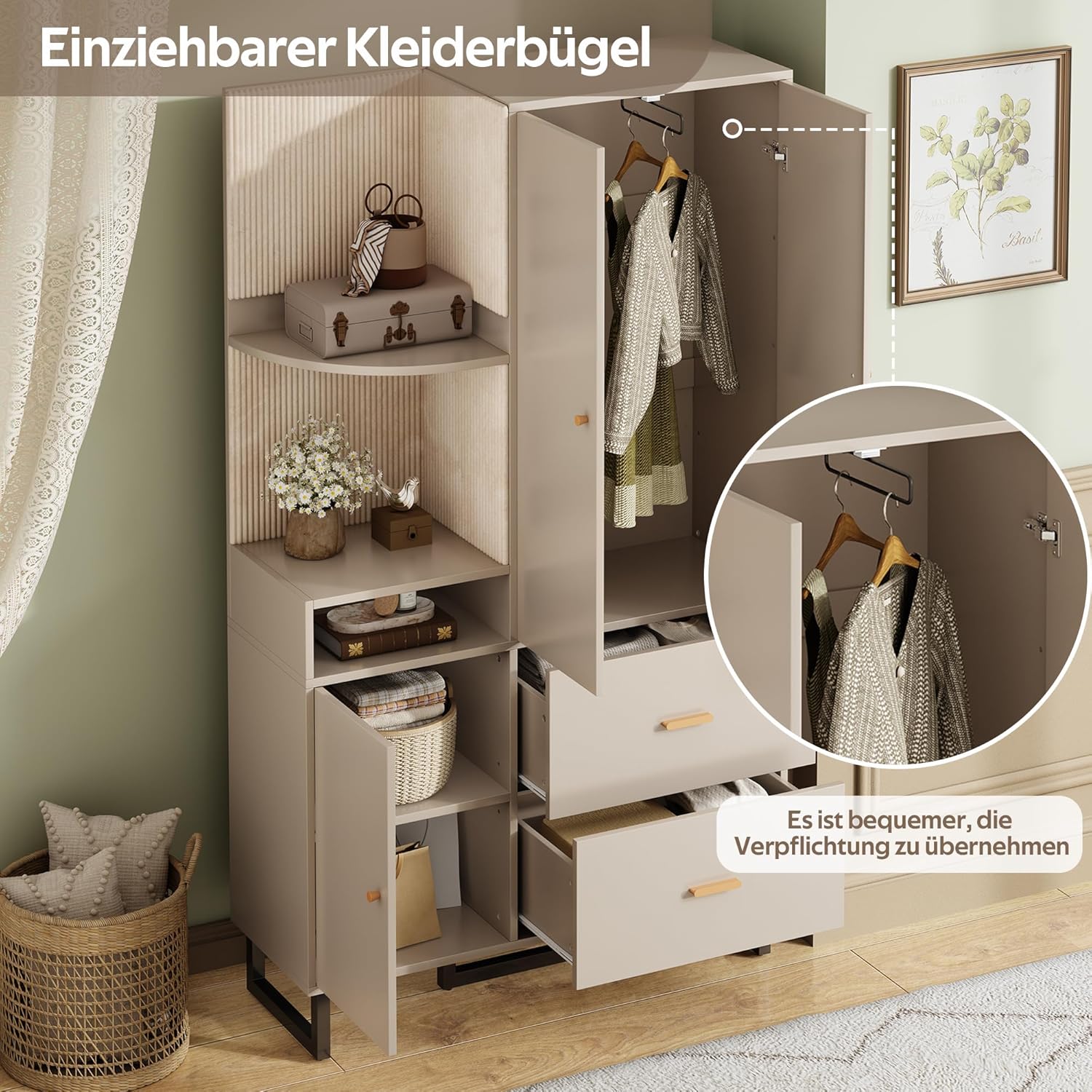 Merax Kompaktgarderobe 110x186x38 cm, mit Regal & Schubladen, Flurgarderobe Dielenschrank Kleiderschrank mit Türen, Schuhschrank & Ablageflächen, Moderne Garderobe für Diele & Flur, Graubeige — Ansicht 3