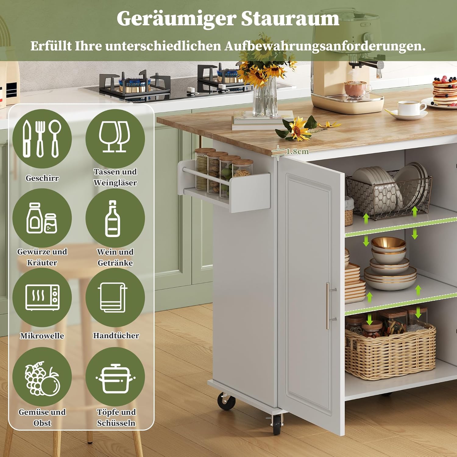 Merax Kücheninsel Freistehend, Kitchen Island mit Klappbarer Arbeitsplatte, 5 Rollen, Verstellbarer Ablage, 3 Schubladen und Gewürzregal, Küchenwagen, Küchenschrank für Küche, 137×76×92cm (Weiß) — Ansicht 2