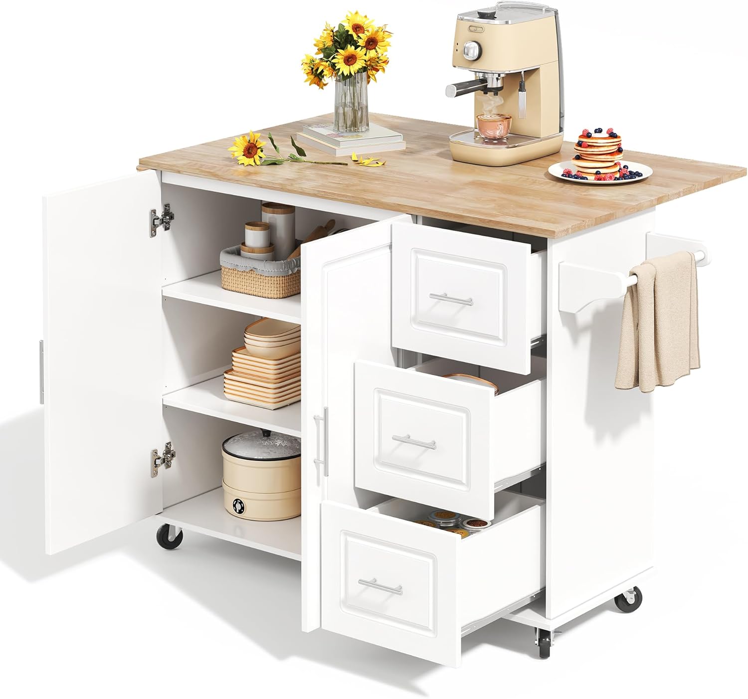 Merax Kücheninsel Freistehend, Kitchen Island mit Klappbarer Arbeitsplatte, 5 Rollen, Verstellbarer Ablage, 3 Schubladen und Gewürzregal, Küchenwagen, Küchenschrank für Küche, 137×76×92cm (Weiß)