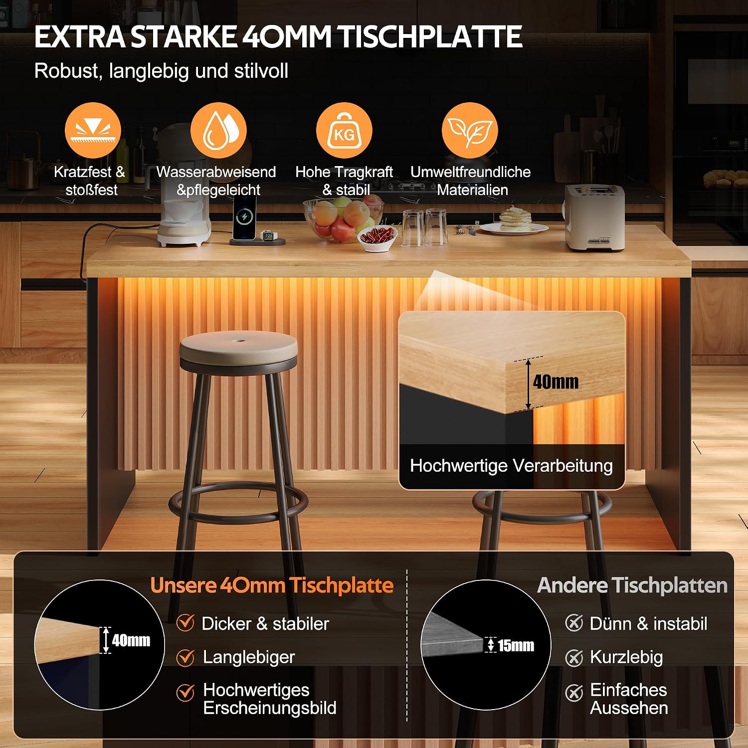 Merax Kücheninsel Freistehend mit 40mm Holzoptik Arbeitsplatte, Kücheninsel mit LED, Steckdose 2xSteckdosen,2xUSB, Moderne Bartisch für Küche, Esszimmer, 155 x 80 x 90cm, Schwarz + Natur — Ansicht 4