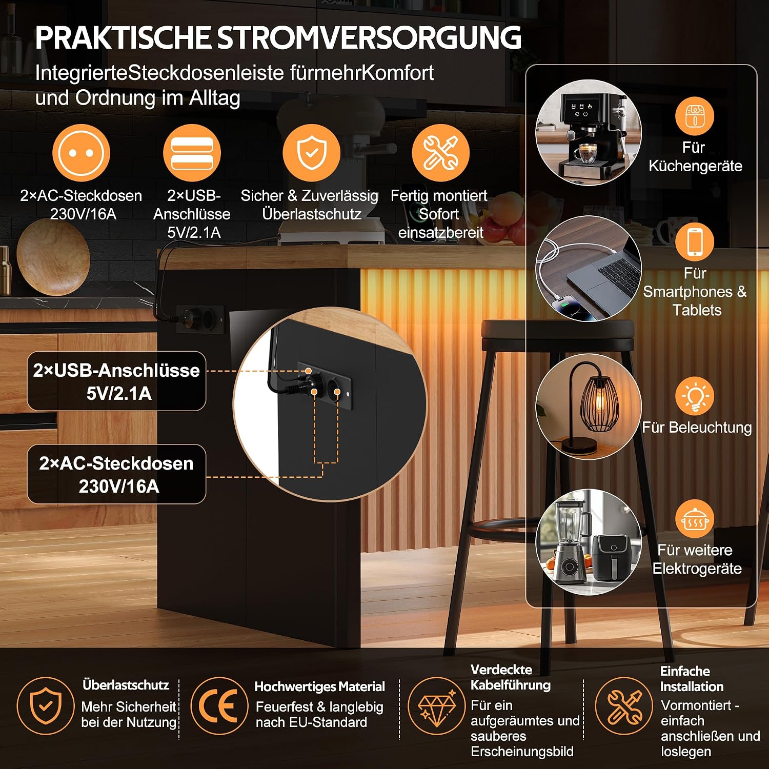 Merax Kücheninsel Freistehend mit 40mm Holzoptik Arbeitsplatte, Kücheninsel mit LED, Steckdose 2xSteckdosen,2xUSB, Moderne Bartisch für Küche, Esszimmer, 155 x 80 x 90cm, Schwarz + Natur — Ansicht 5