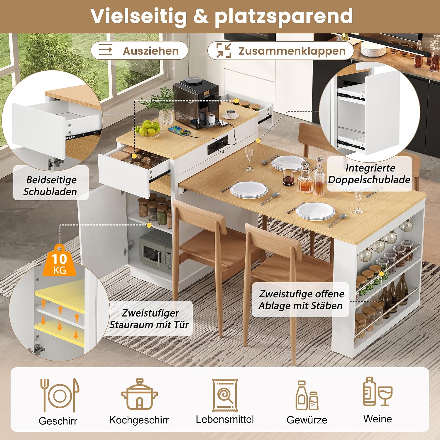 Merax Kücheninsel Freistehend mit Rollen, Ausziehbarer Esstisch 154 cm, Küchenschrank mit LED & Steckdosenleisten & Viel Stauraum & Haken, Multifunktionaler Bartisch für Küche und Esszimmer, Weiß — Ansicht 5