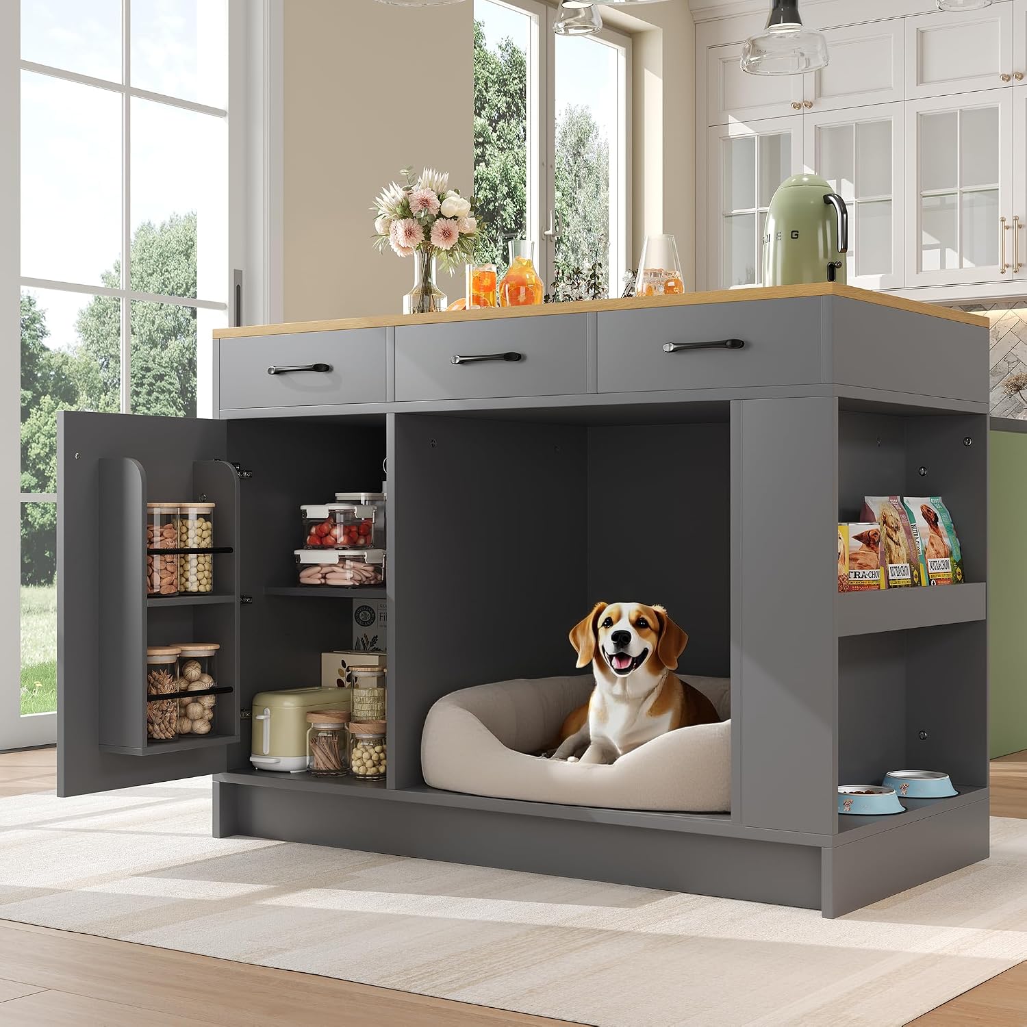 Merax Kücheninsel Küchenschrank mit Arbeitsplatte, Sideboard mit Lagerungsschrank, Schubladen, Gewürzablage, Offene Regale, Verstellbare Regale, Haustierbereich, MDF-Tischplatte mit Holzmaserung, Grau — Ansicht 3