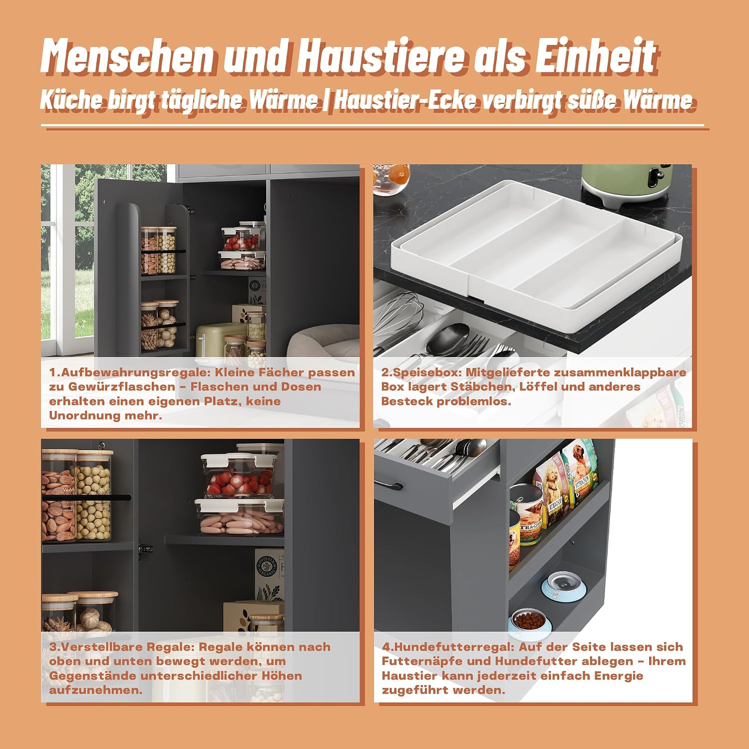 Merax Kücheninsel Küchenschrank mit Arbeitsplatte, Sideboard mit Lagerungsschrank, Schubladen, Gewürzablage, Offene Regale, Verstellbare Regale, Haustierbereich, MDF-Tischplatte mit Holzmaserung, Grau — Ansicht 6