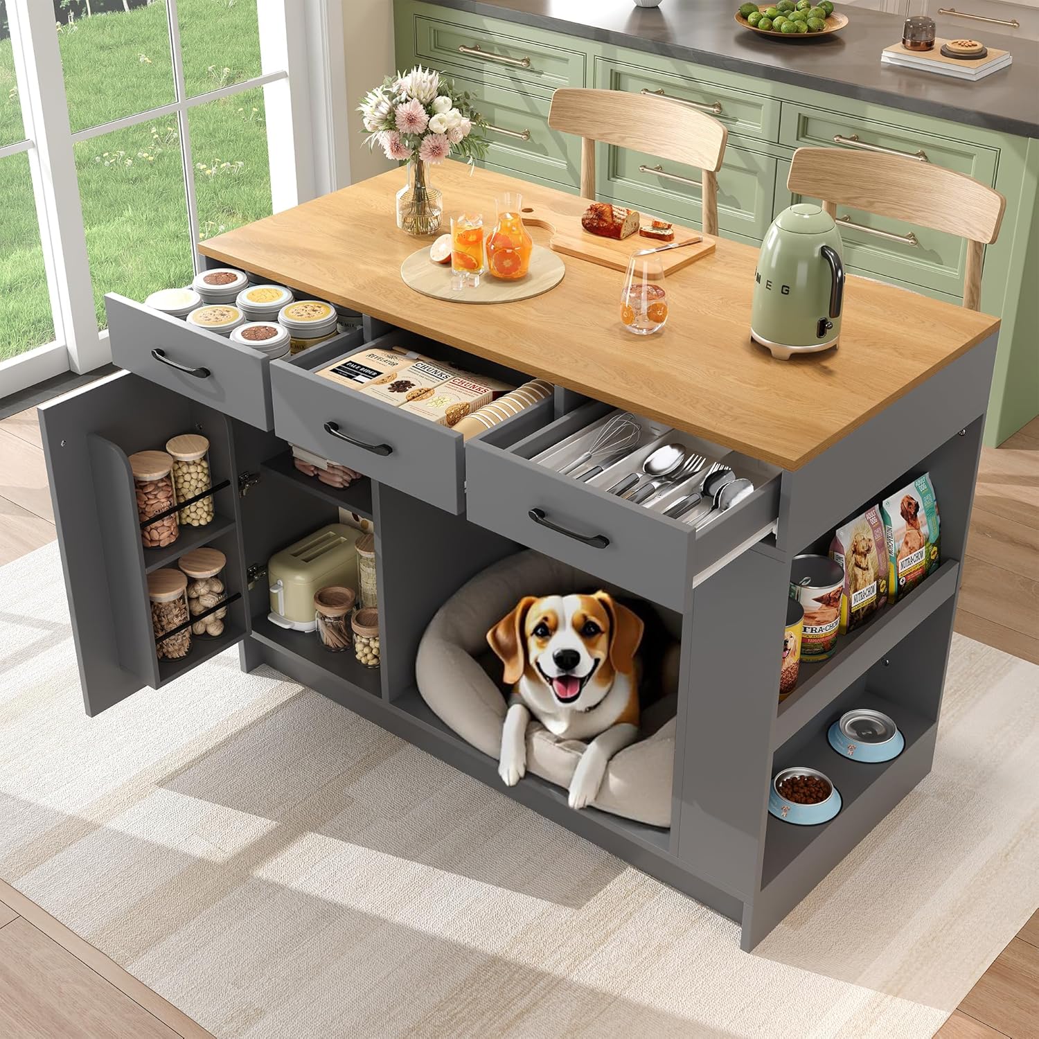 Merax Kücheninsel Küchenschrank mit Arbeitsplatte, Sideboard mit Lagerungsschrank, Schubladen, Gewürzablage, Offene Regale, Verstellbare Regale, Haustierbereich, MDF-Tischplatte mit Holzmaserung, Grau
