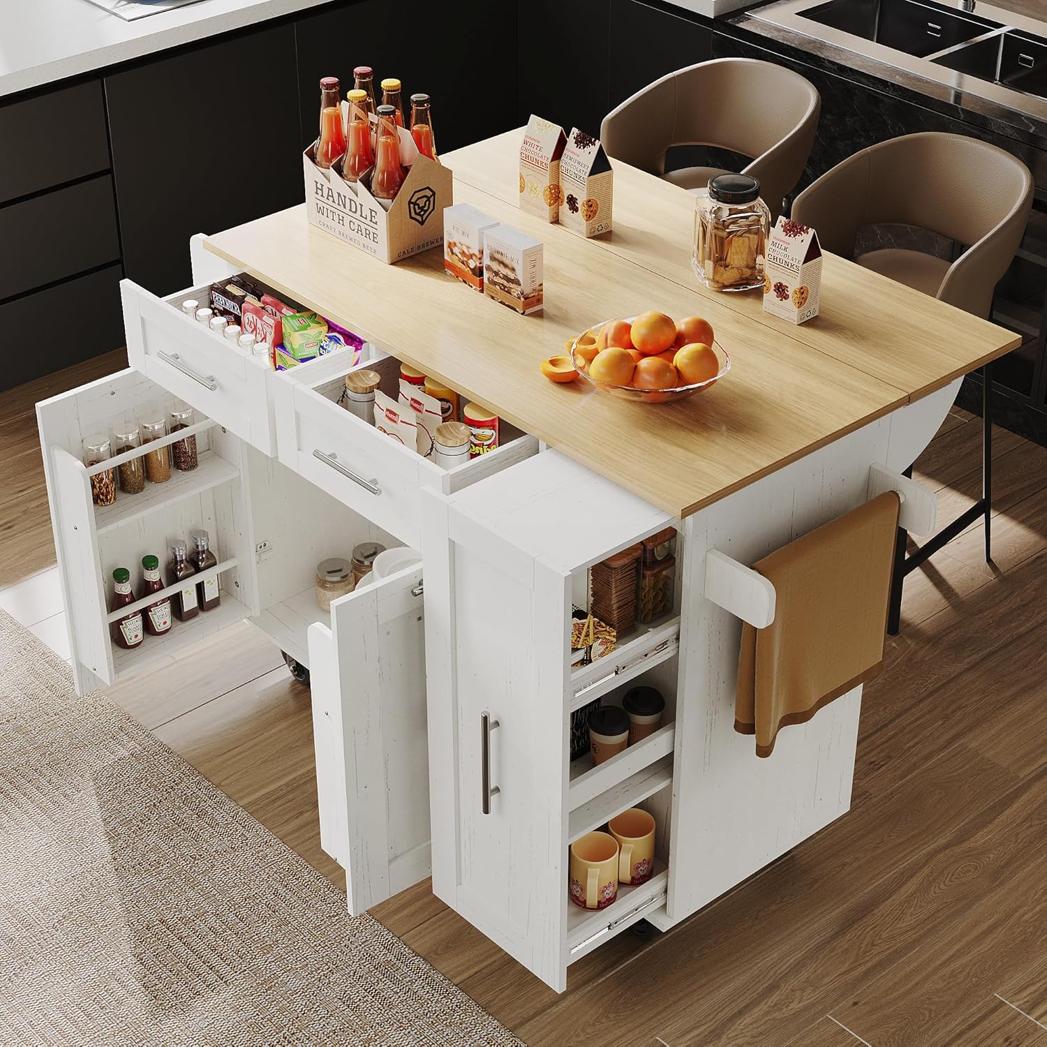 Merax Kücheninsel mit klappbare Arbeitsplatte, beweglicher Küchenwagen mit 3 Türen, 2 Schubladen, Lagerraum Ausziehbar für Gewürzregal, Handtuchregale an der Seite, 110×46(74)×90.5cm/Weiß