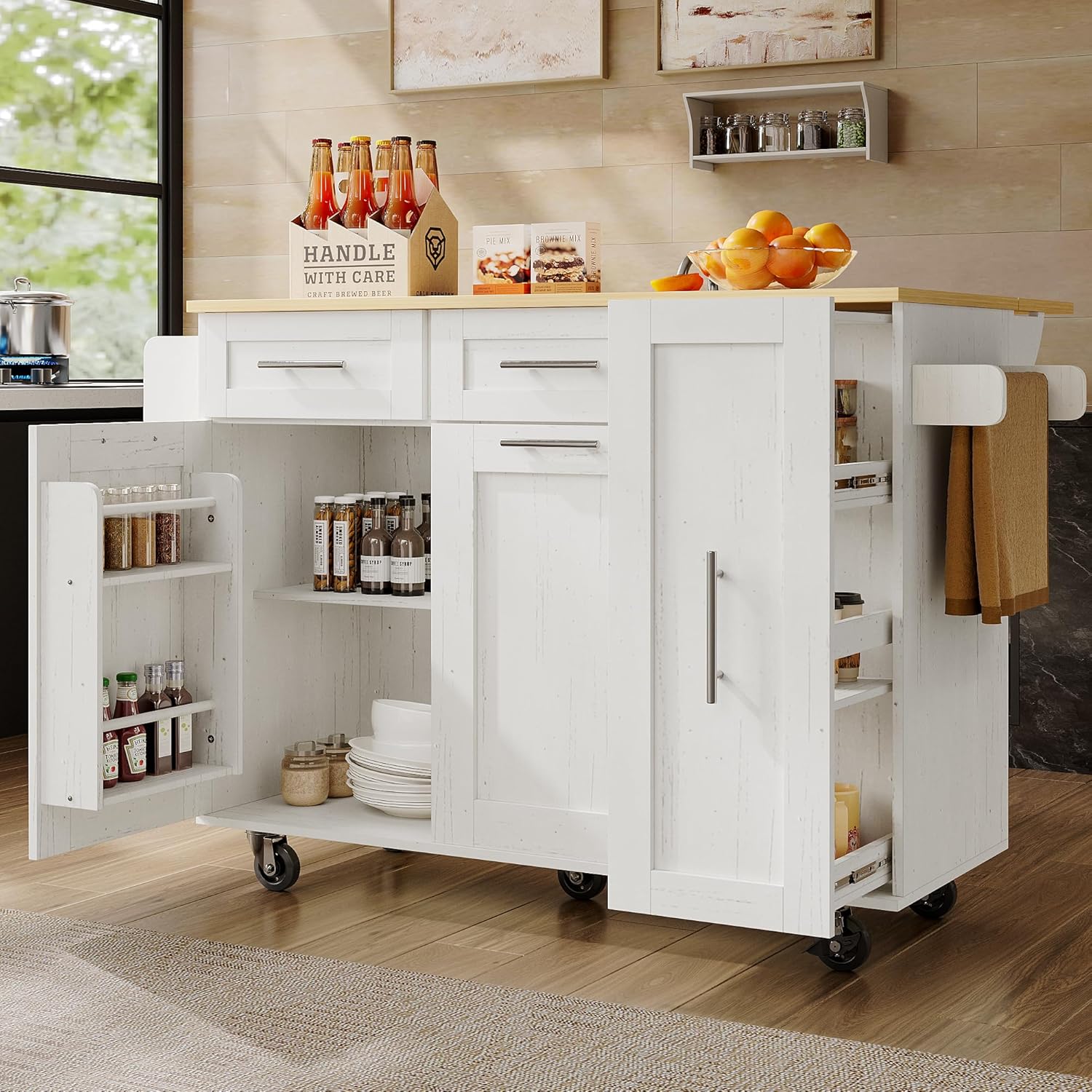 Merax Kücheninsel mit klappbare Arbeitsplatte, beweglicher Küchenwagen mit 3 Türen, 2 Schubladen, Lagerraum Ausziehbar für Gewürzregal, Handtuchregale an der Seite, 110×46(74)×90.5cm/Weiß — Ansicht 2