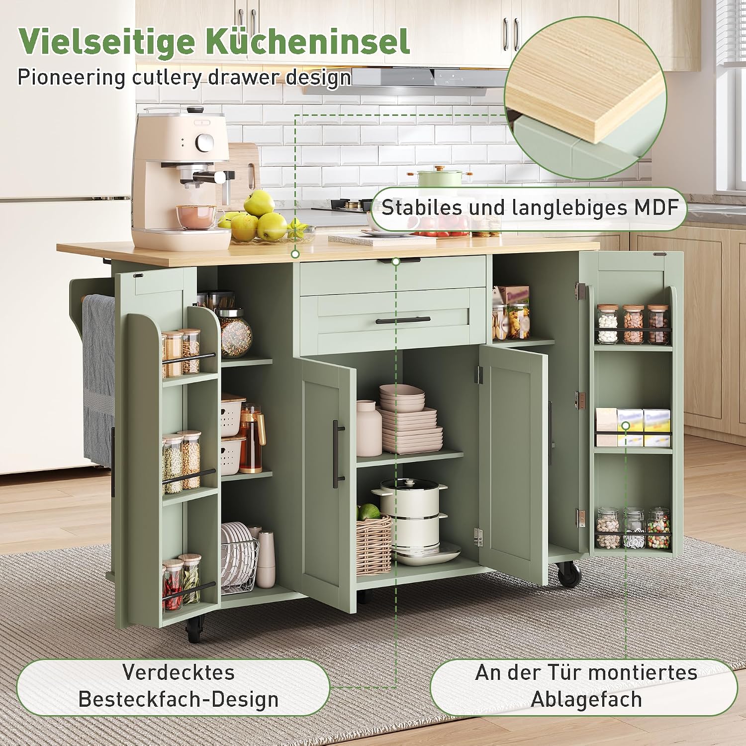 Merax Kücheninsel mit Klappbarer Arbeitsplatte, Kitchen Island mit Rollen, Schrank, Verdeckte Schubladen, Handtuchhalter und Gewürzregal, Küchenwagen, Küchenschrank, 136×70×92cm (Grün) — Ansicht 3
