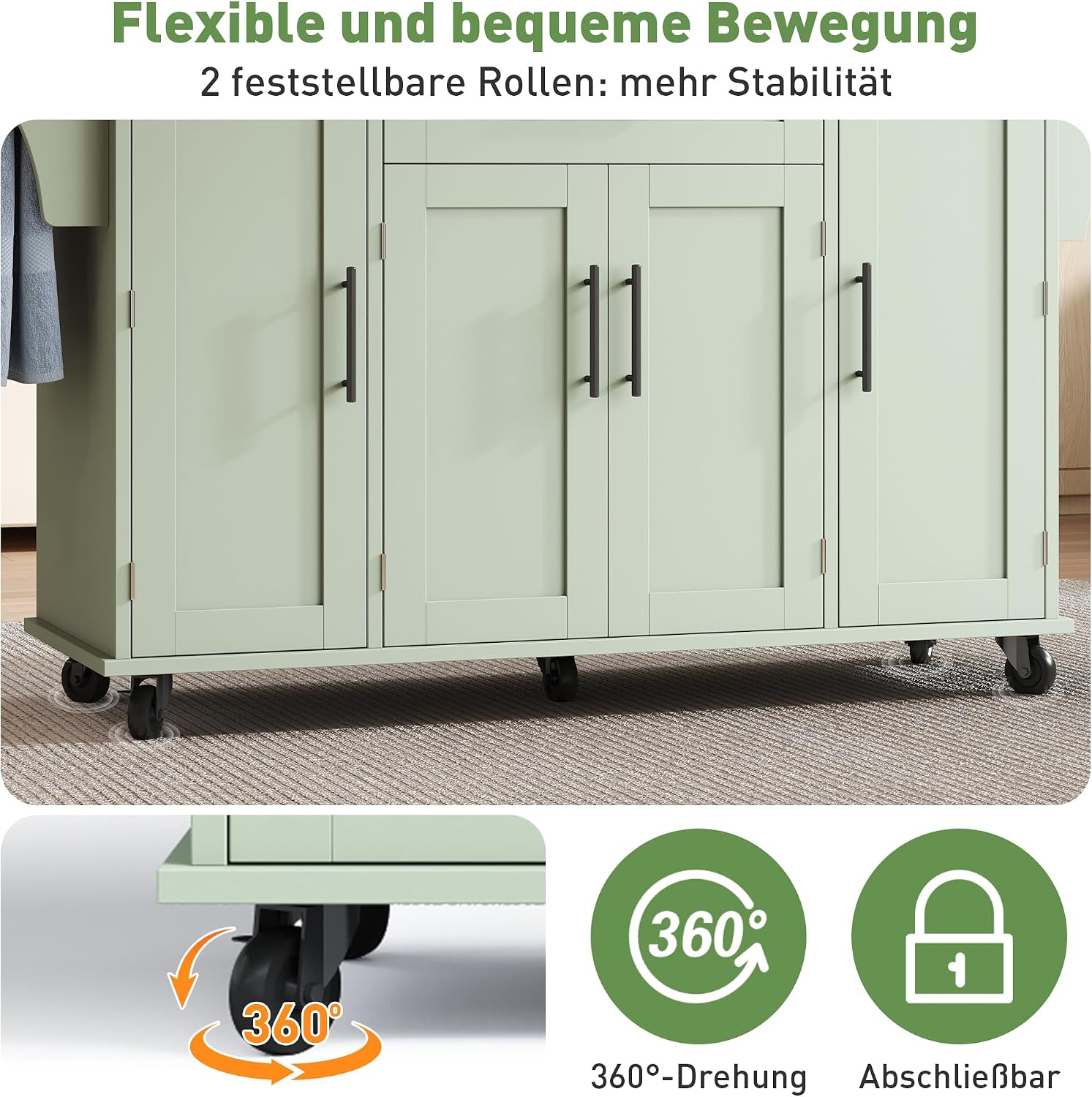 Merax Kücheninsel mit Klappbarer Arbeitsplatte, Kitchen Island mit Rollen, Schrank, Verdeckte Schubladen, Handtuchhalter und Gewürzregal, Küchenwagen, Küchenschrank, 136×70×92cm (Grün) — Ansicht 4