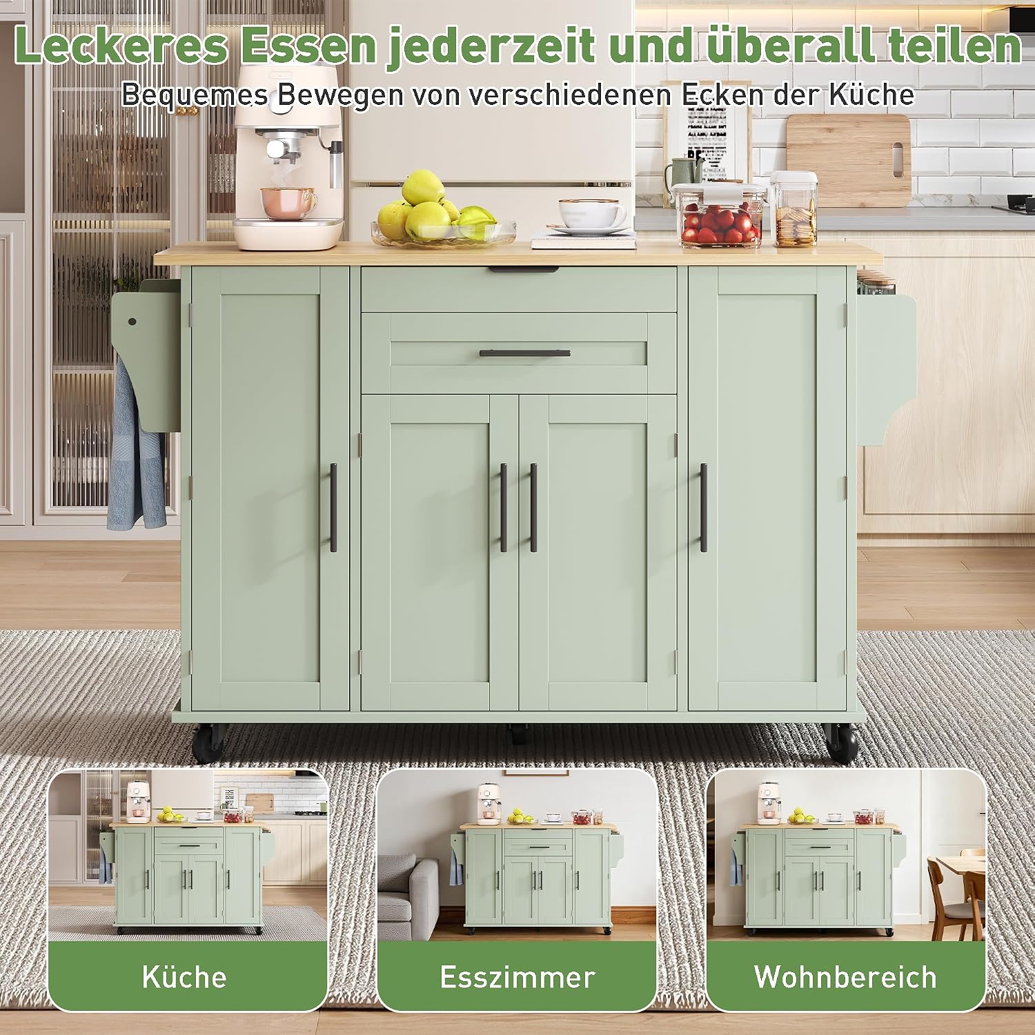 Merax Kücheninsel mit Klappbarer Arbeitsplatte, Kitchen Island mit Rollen, Schrank, Verdeckte Schubladen, Handtuchhalter und Gewürzregal, Küchenwagen, Küchenschrank, 136×70×92cm (Grün) — Ansicht 5