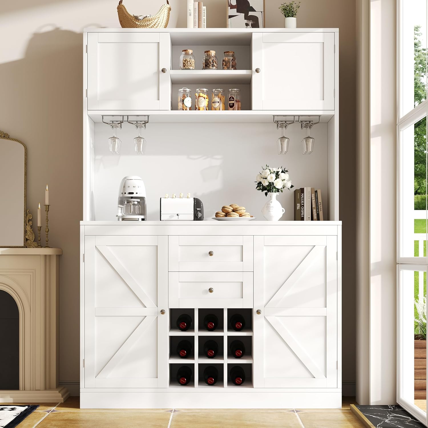 Merax Küchenschrank Buffetschrank, Hochschrank Sideboard, Küchenbuffet Vorratsschrank mit Arbeitsplatte, 4 Türen, 2 Schubladen, Weinglasregal, Offene Fächer, Mehrzweckschrank, 120x40x188cm, Weiß — Ansicht 3