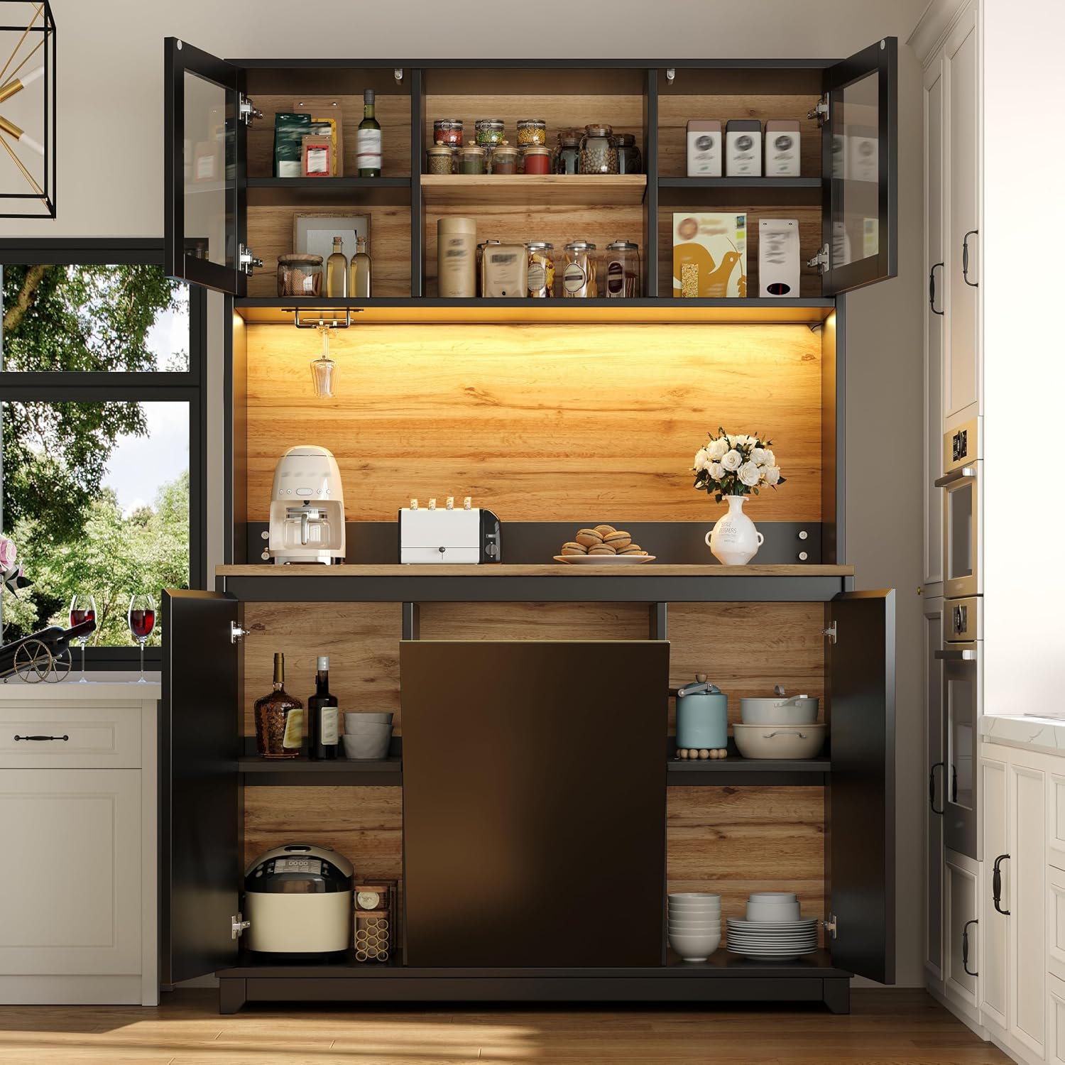 Merax Küchenschrank Buffetschrank mit LED, Mehrzweckschrank, Vorratsschrank, Hochschrank mit Arbeitsplatte, integriertem Abfallfach, Acryltüren, Sideboard für Küche, Esszimmer, 120x40x180cm, Schwarz — Ansicht 2