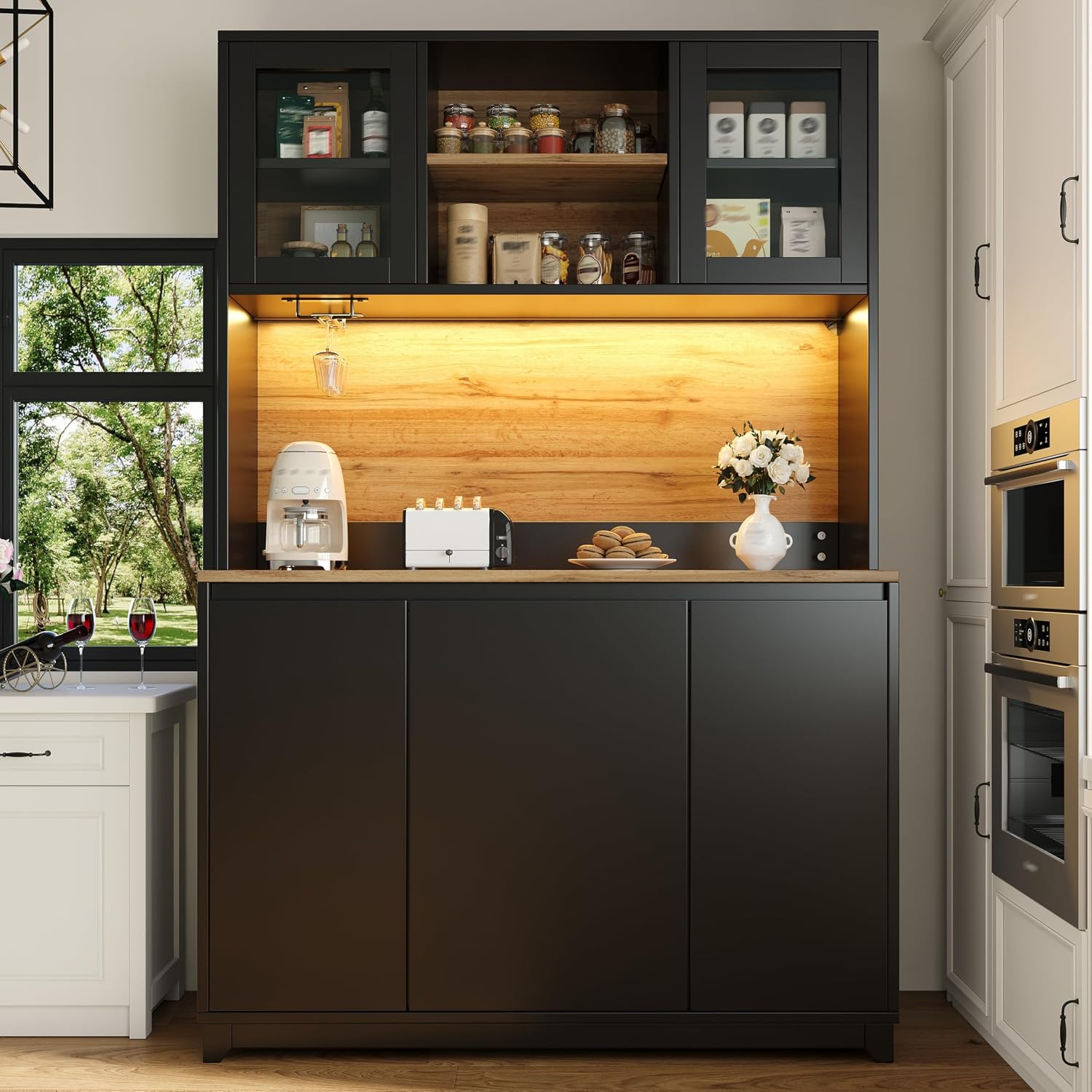 Merax Küchenschrank Buffetschrank mit LED, Mehrzweckschrank, Vorratsschrank, Hochschrank mit Arbeitsplatte, integriertem Abfallfach, Acryltüren, Sideboard für Küche, Esszimmer, 120x40x180cm, Schwarz — Ansicht 4
