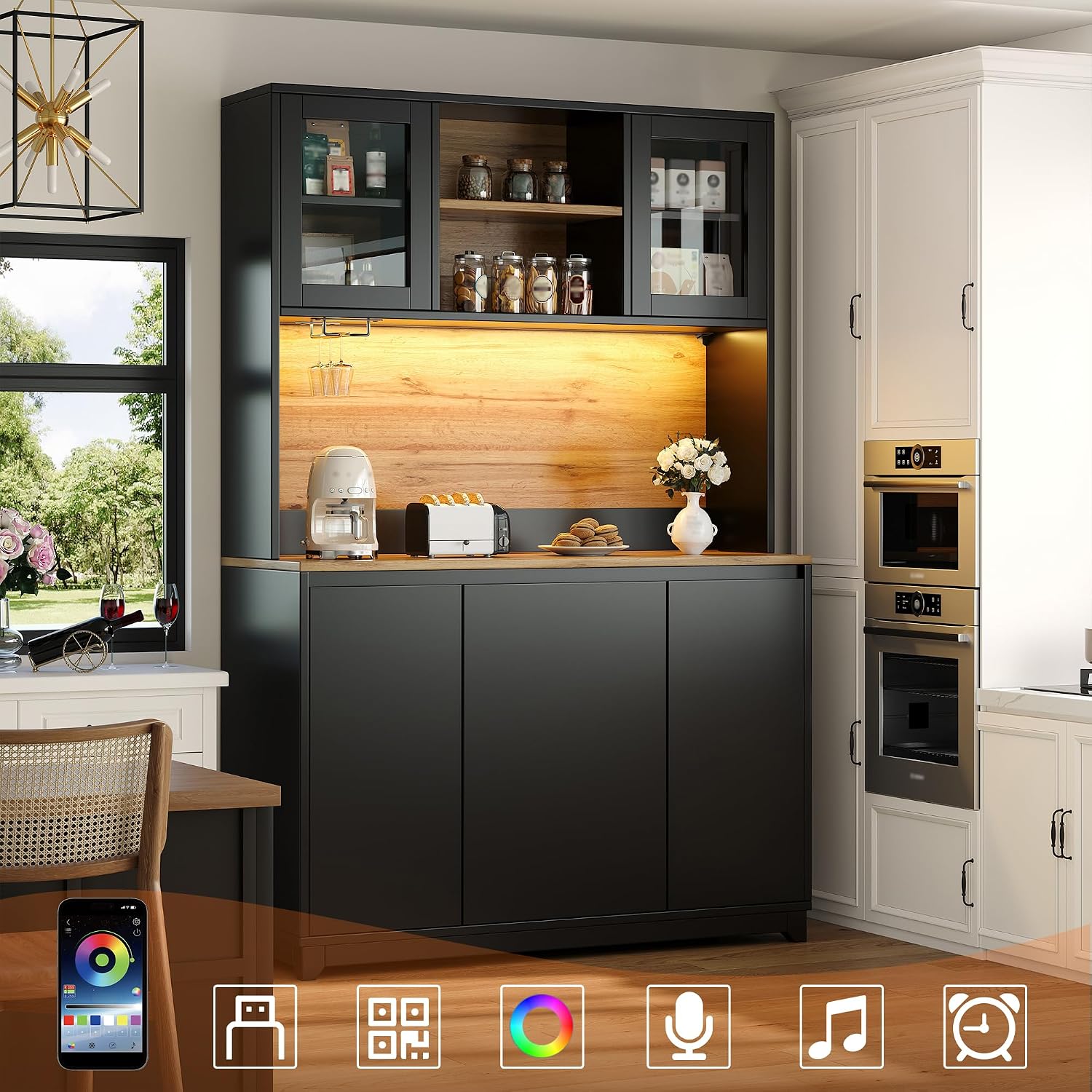 Merax Küchenschrank Buffetschrank mit LED, Mehrzweckschrank, Vorratsschrank, Hochschrank mit Arbeitsplatte, integriertem Abfallfach, Acryltüren, Sideboard für Küche, Esszimmer, 120x40x180cm, Schwarz — Ansicht 5