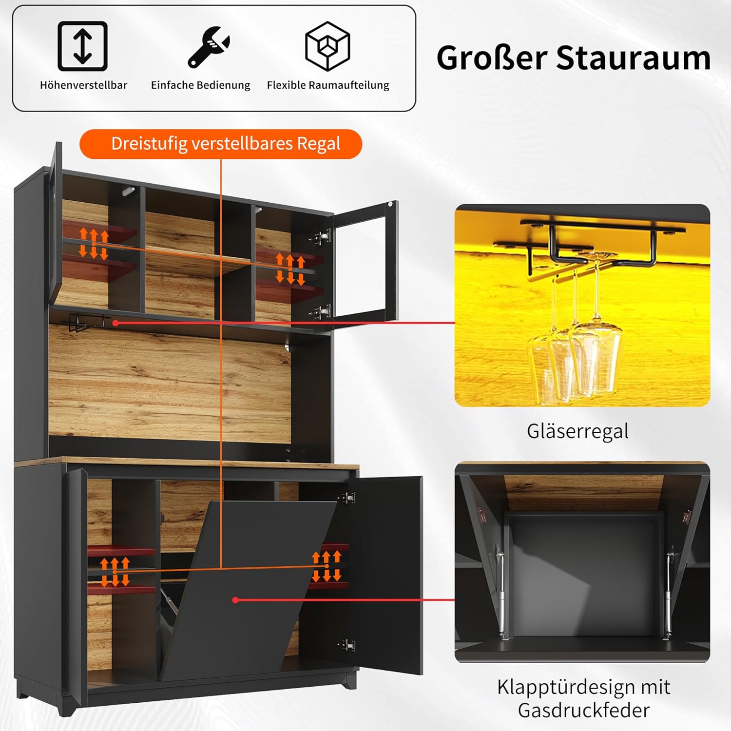Merax Küchenschrank Buffetschrank mit LED, Mehrzweckschrank, Vorratsschrank, Hochschrank mit Arbeitsplatte, integriertem Abfallfach, Acryltüren, Sideboard für Küche, Esszimmer, 120x40x180cm, Schwarz — Ansicht 6