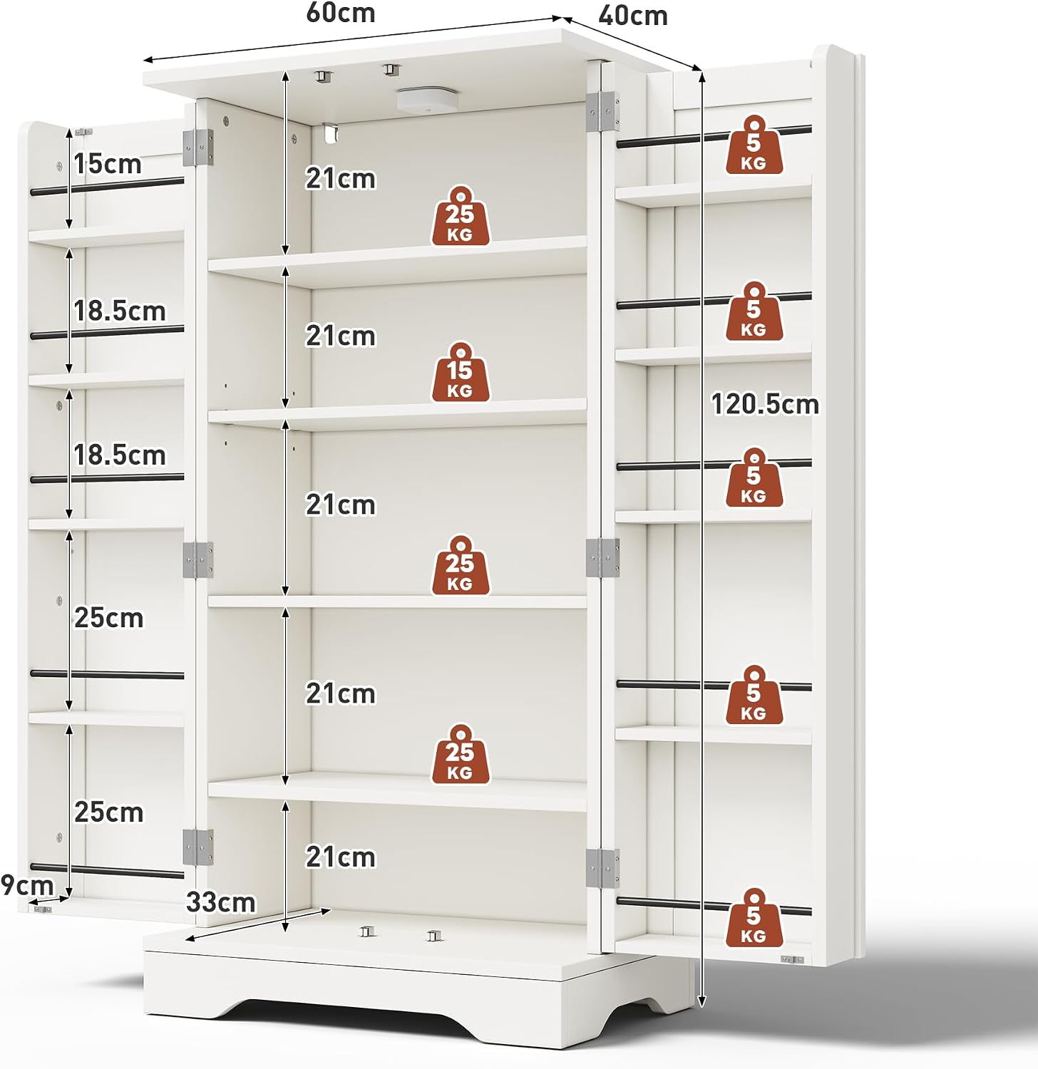 Merax Küchenschrank, Speisekammer, 120 × 60 × 40 cm, mit LED Sensor – Schrank 2 Türen mit verstellbaren Einlegeböden, Sideboard für Küche/Esszimmer/Wohnzimmer, weiß