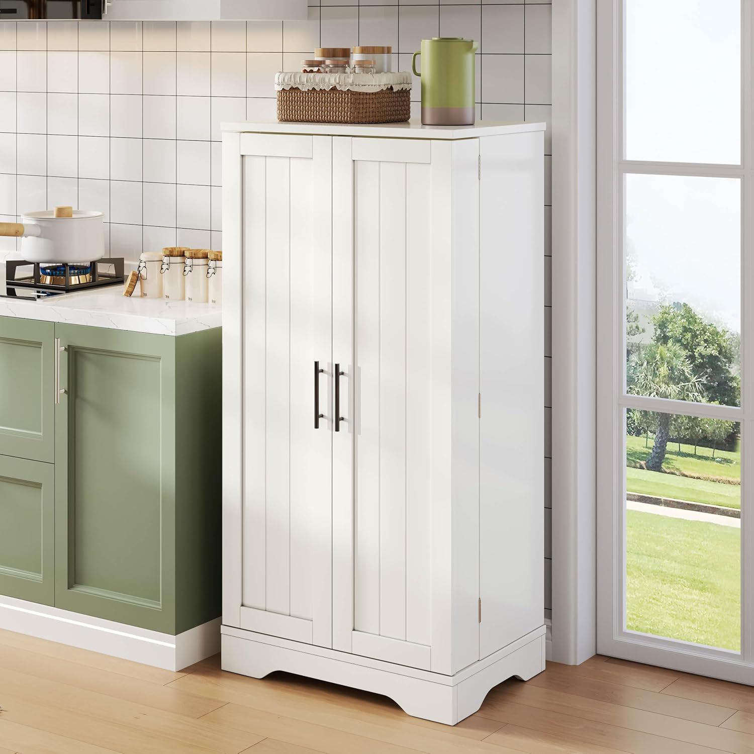 Merax Küchenschrank, Speisekammer, 120 × 60 × 40 cm, mit LED Sensor – Schrank 2 Türen mit verstellbaren Einlegeböden, Sideboard für Küche/Esszimmer/Wohnzimmer, weiß — Ansicht 3