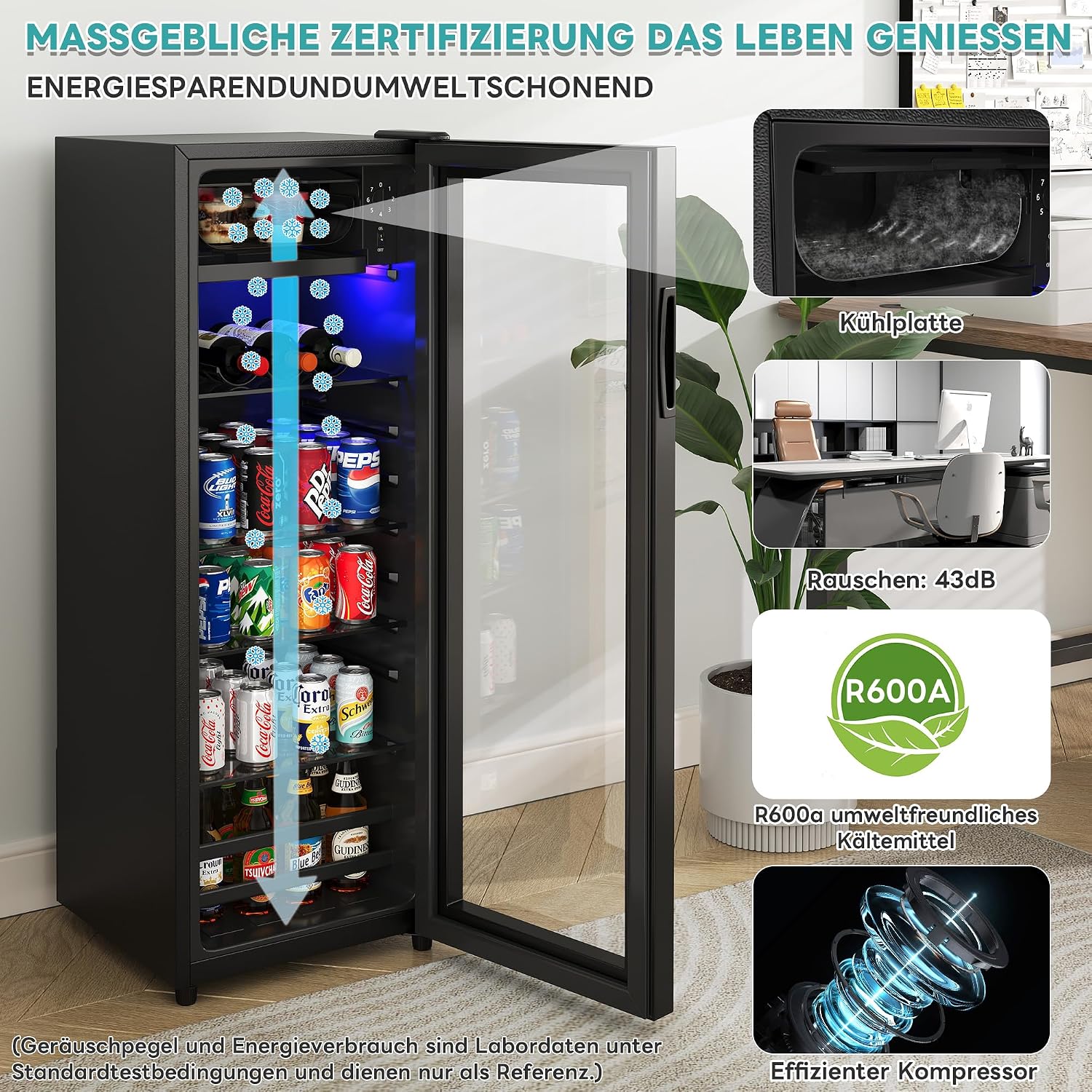 Merax Kühlschrank 128L, Freistehend Getränkekühler mit 120L-Kühlschrank + 8L-Gefrierschrank, mit LED-Innenbeleuchtung und Verstellbare Einlegeböden, Superleise für Restaurant, Bar, Getränke und Bier — Ansicht 3