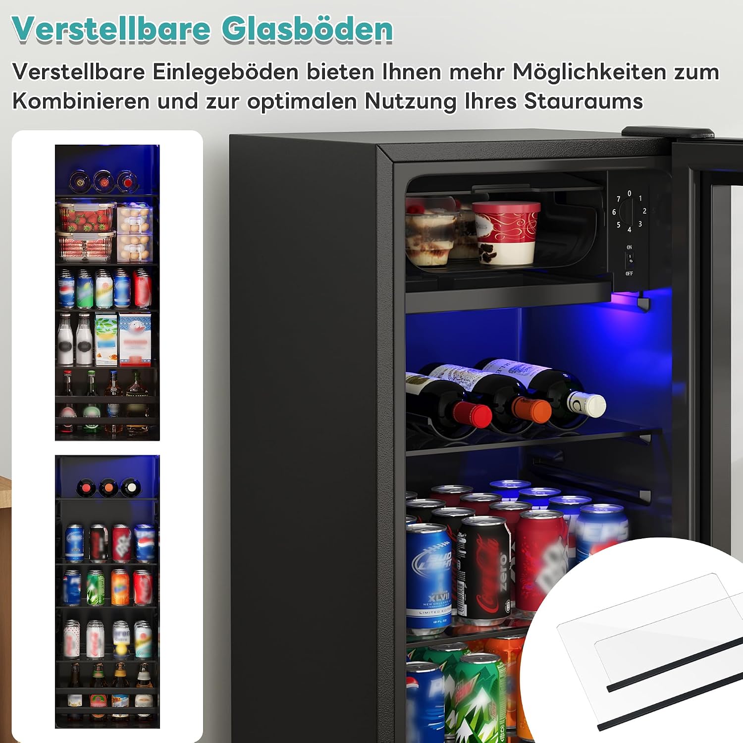 Merax Kühlschrank 128L, Freistehend Getränkekühler mit 120L-Kühlschrank + 8L-Gefrierschrank, mit LED-Innenbeleuchtung und Verstellbare Einlegeböden, Superleise für Restaurant, Bar, Getränke und Bier — Ansicht 5