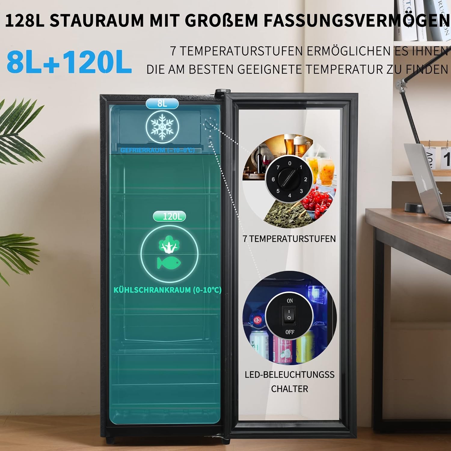 Merax Kühlschrank 128L reistehender Getränkekühler,8L-Gefrierschrank+120L-Kühlschrank,fasst 94 Dosen Limonade,Geräuscharmer Betrieb,Kompressorkühlsystem, energieeffizient,verstellbare Einlegeböden — Ansicht 4