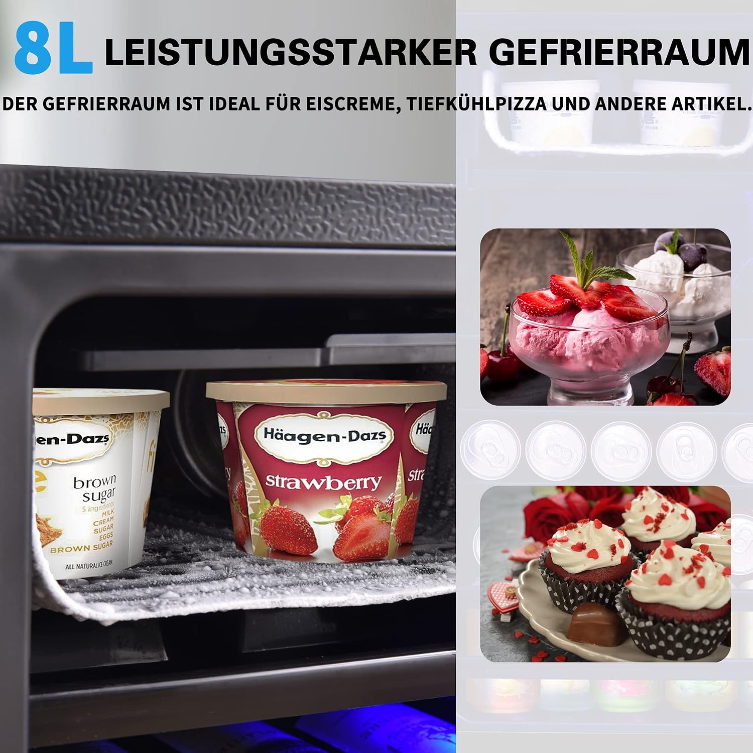 Merax Kühlschrank 128L reistehender Getränkekühler,8L-Gefrierschrank+120L-Kühlschrank,fasst 94 Dosen Limonade,Geräuscharmer Betrieb,Kompressorkühlsystem, energieeffizient,verstellbare Einlegeböden — Ansicht 6