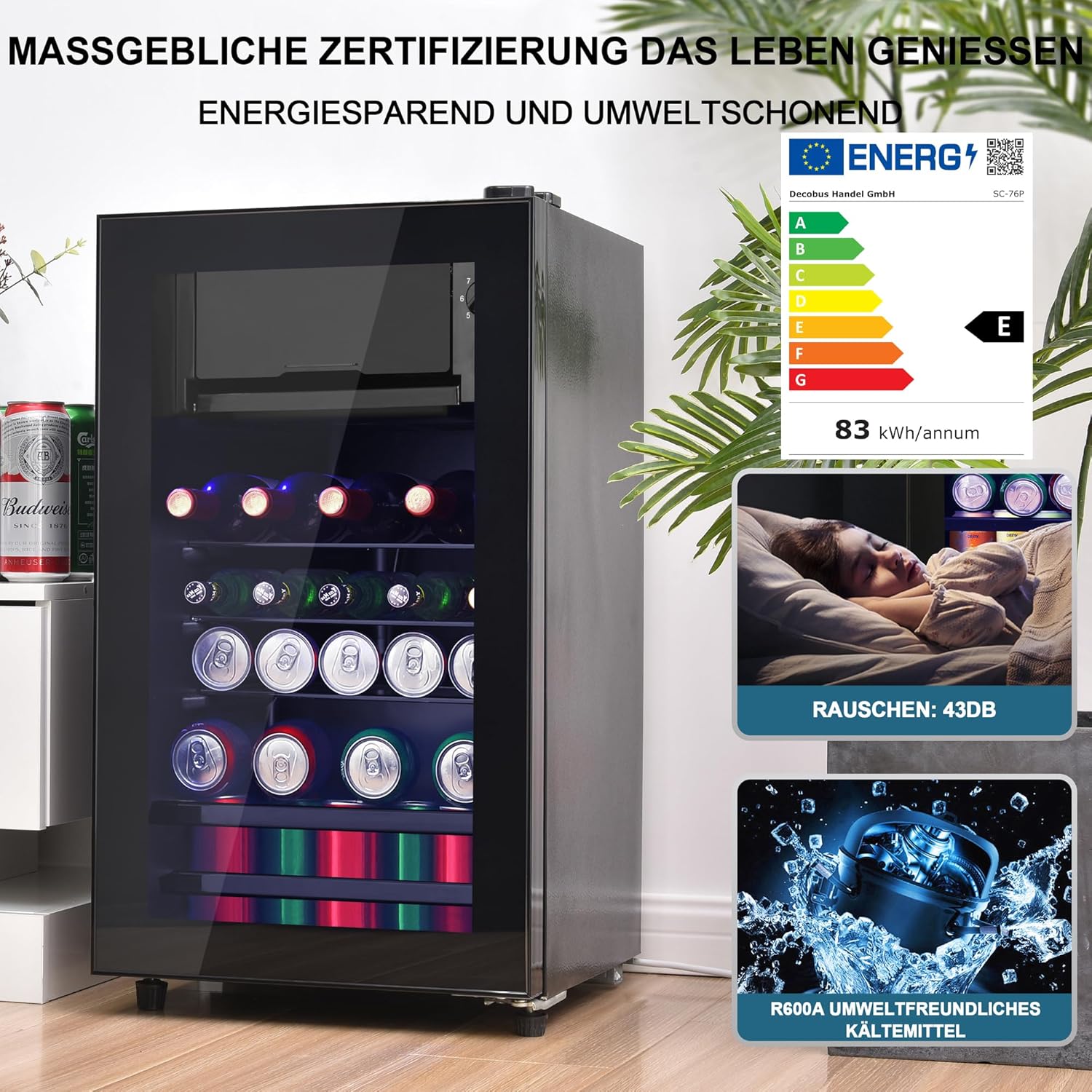 Merax Kühlschrank Mini 76L, Freistehend Getränkekühler mit 70L-Kühlschrank + 6L-Gefrierschrank, Verstellbare Einlegeböden, LED-Licht, Superleise für Restaurant Bar Getränke Bier, Schwarz — Ansicht 2
