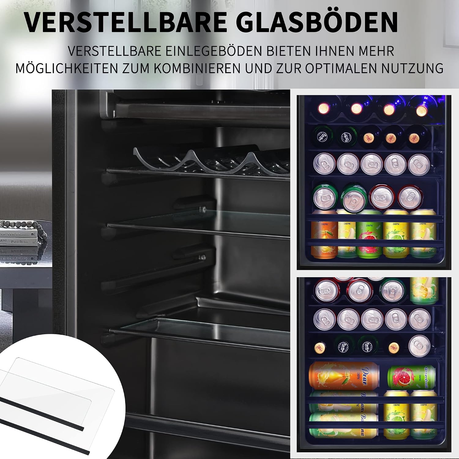 Merax Kühlschrank Mini 76L, Freistehend Getränkekühler mit 70L-Kühlschrank + 6L-Gefrierschrank, Verstellbare Einlegeböden, LED-Licht, Superleise für Restaurant Bar Getränke Bier, Schwarz — Ansicht 5