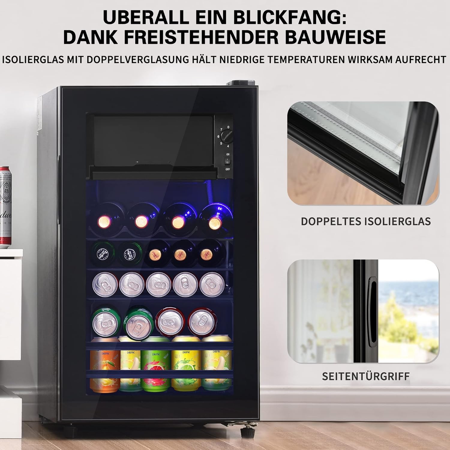 Merax Kühlschrank Mini 76L, Freistehend Getränkekühler mit 70L-Kühlschrank + 6L-Gefrierschrank, Verstellbare Einlegeböden, LED-Licht, Superleise für Restaurant Bar Getränke Bier, Schwarz — Ansicht 6
