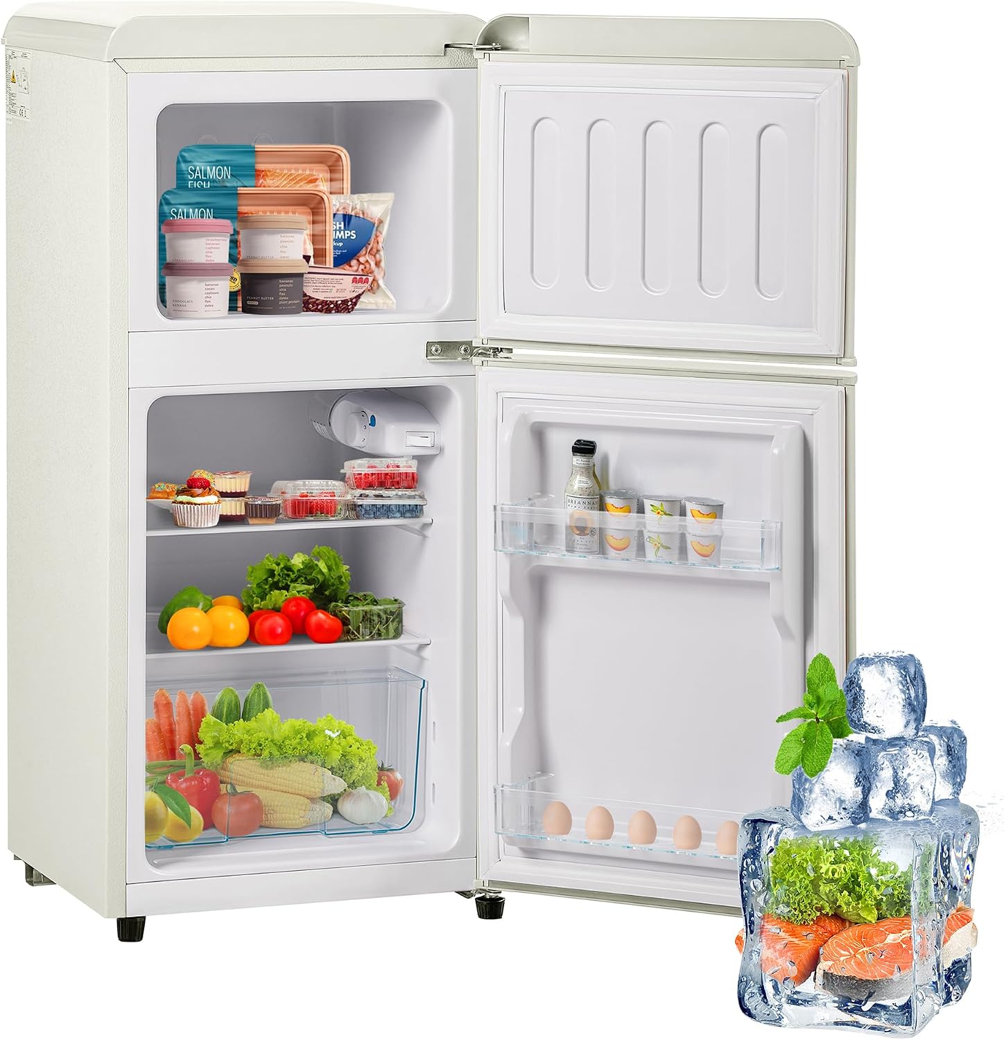 Merax Kühlschrank mit Gefrierfach, Kühl-Gefrierkombination, 60 Liter Doppeltür Kühlschrank, 22L Gefrierschrank, 45dB, LED, Gemüsefach, Türablagen, Retro-Griff, für Familie, Büro, Restaurant, Cremeweiß