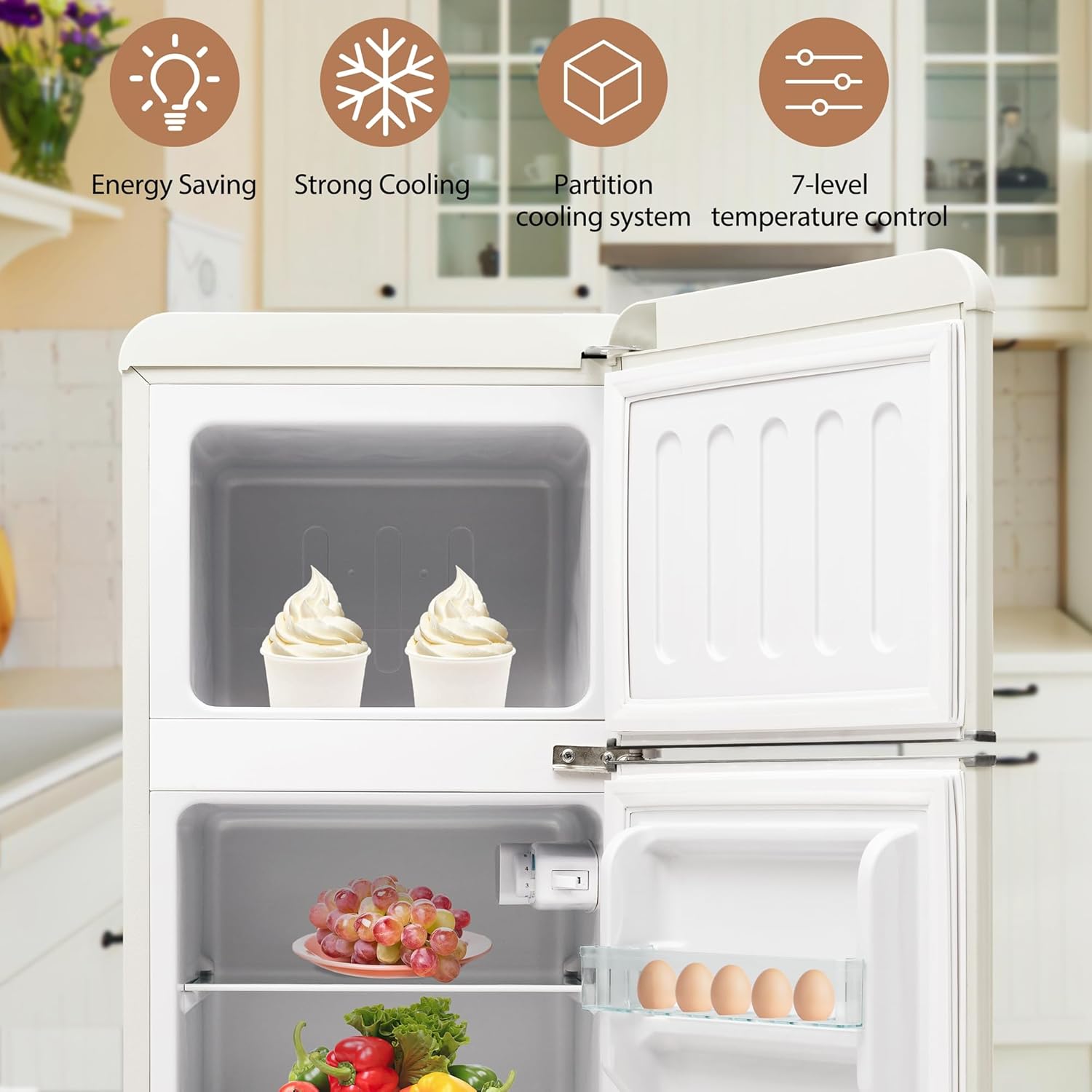 Merax Kühlschrank zweitürig 92L, Gefrierfach 28L, 105,5 cm hoch, LED, verstellbare Glasregale, 116 kWh/Jahr, leise 45 dB, kompakt & energieeffizient für Küche Wohnzimmer Büro — Ansicht 3