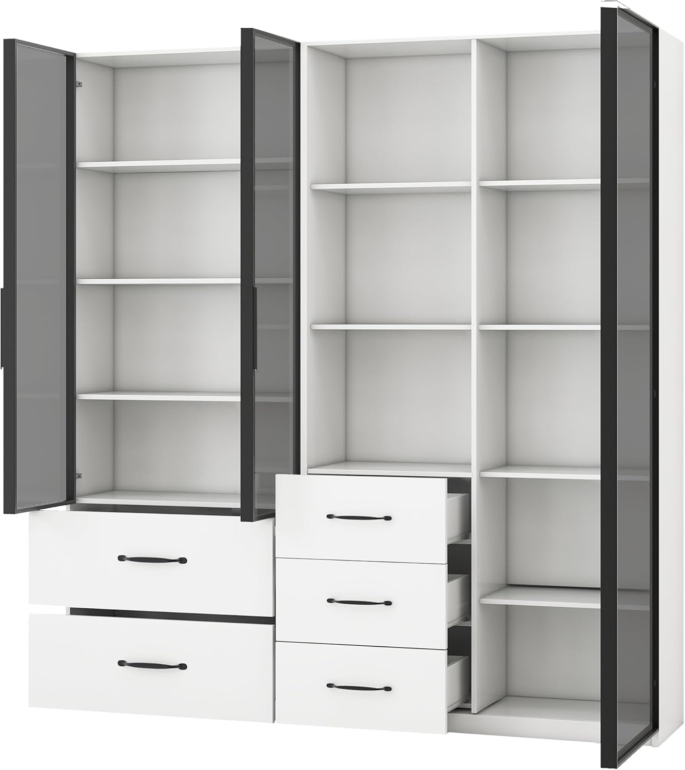 Merax LED-Vitrine 140x40x160 cm, Multifunktionsschrank mit Glas- und offenen Fächern, mehrfarbige LED-Beleuchtung, staubdichte Glasfront, Weiß — Ansicht 4