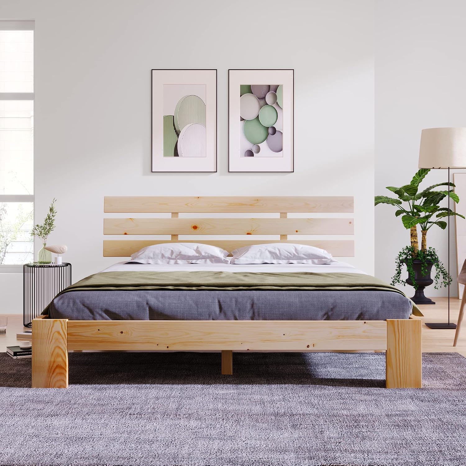 Merax Massivholzbett Holzbett Doppelbett, Bettrahmen aus Holz mit Kopfteil und Lattenrost, 140 x 200 cm, Holzlattenunterstützung, Stauraum unter dem Bett, Schlafzimmermöbel, Eichefarbig — Ansicht 3