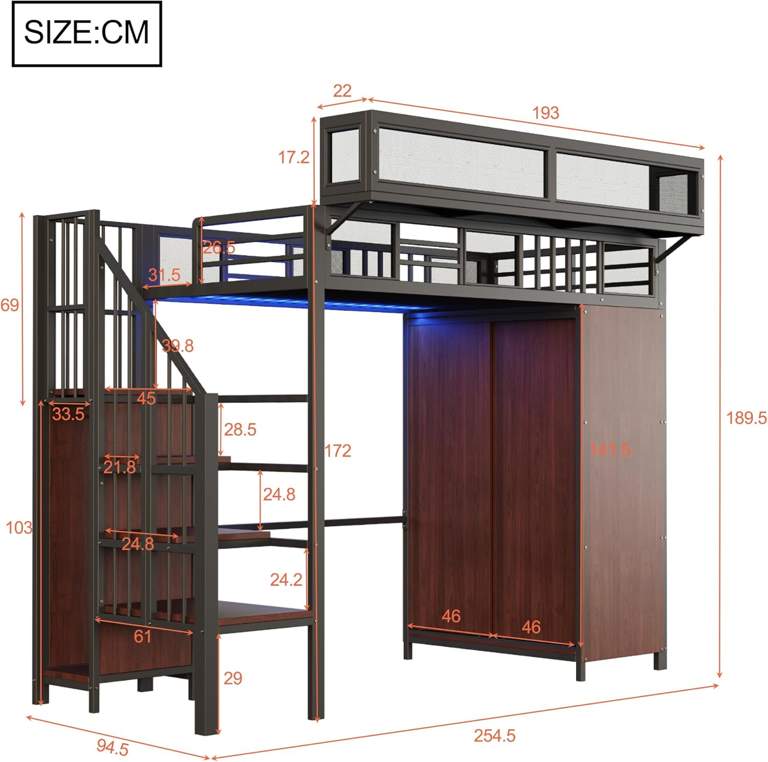 Merax Metall-Hochbett 90×200 cm, mit Kleiderschrank, LED-Beleuchtung, und abnehmbaren Regalen, platzsparendes Loftbett, Schwarz (ohne Matratze) — Ansicht 2