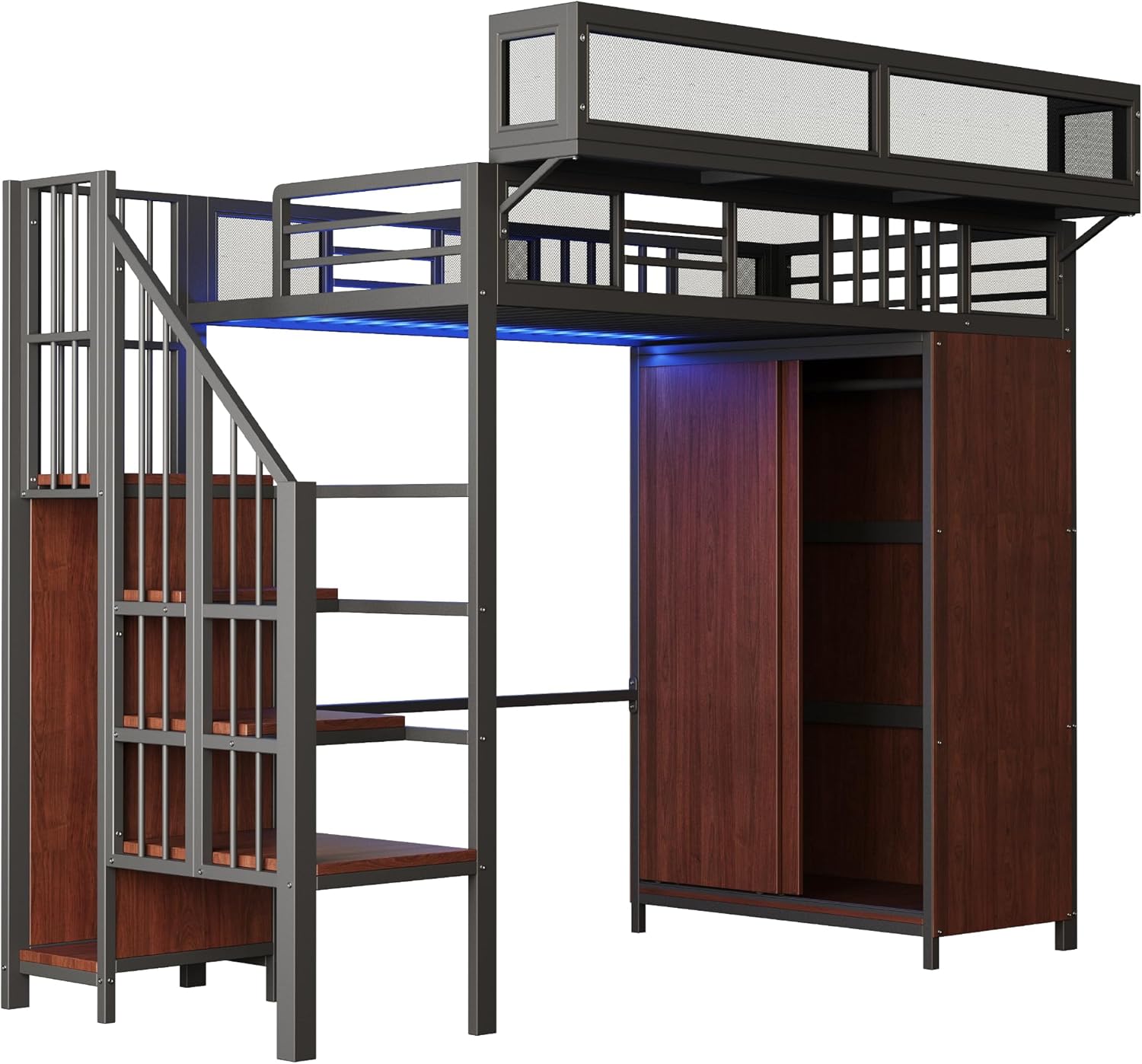 Merax Metall-Hochbett 90×200 cm, mit Kleiderschrank, LED-Beleuchtung, und abnehmbaren Regalen, platzsparendes Loftbett, Schwarz (ohne Matratze) — Ansicht 4