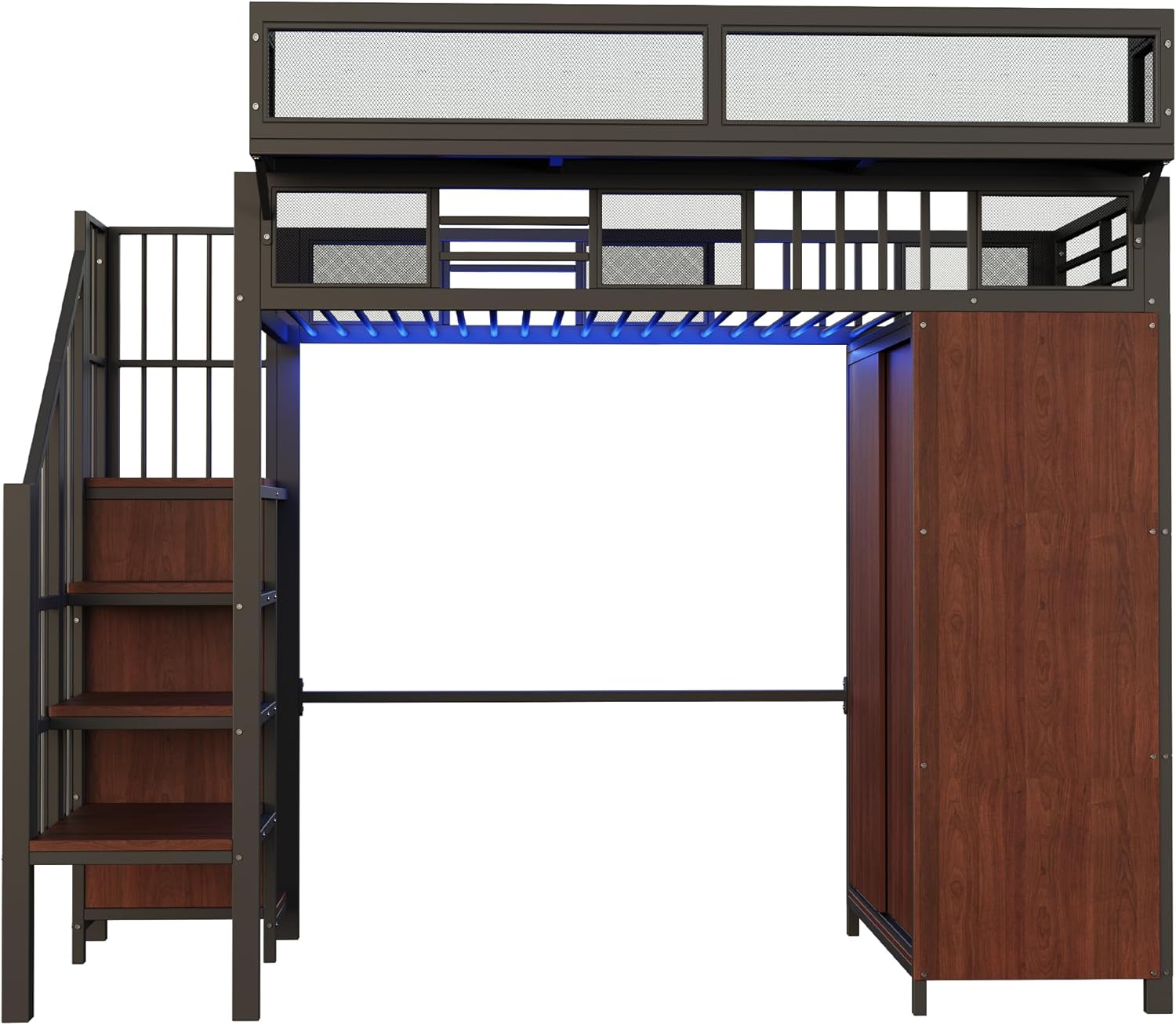 Merax Metall-Hochbett 90×200 cm, mit Kleiderschrank, LED-Beleuchtung, und abnehmbaren Regalen, platzsparendes Loftbett, Schwarz (ohne Matratze) — Ansicht 5