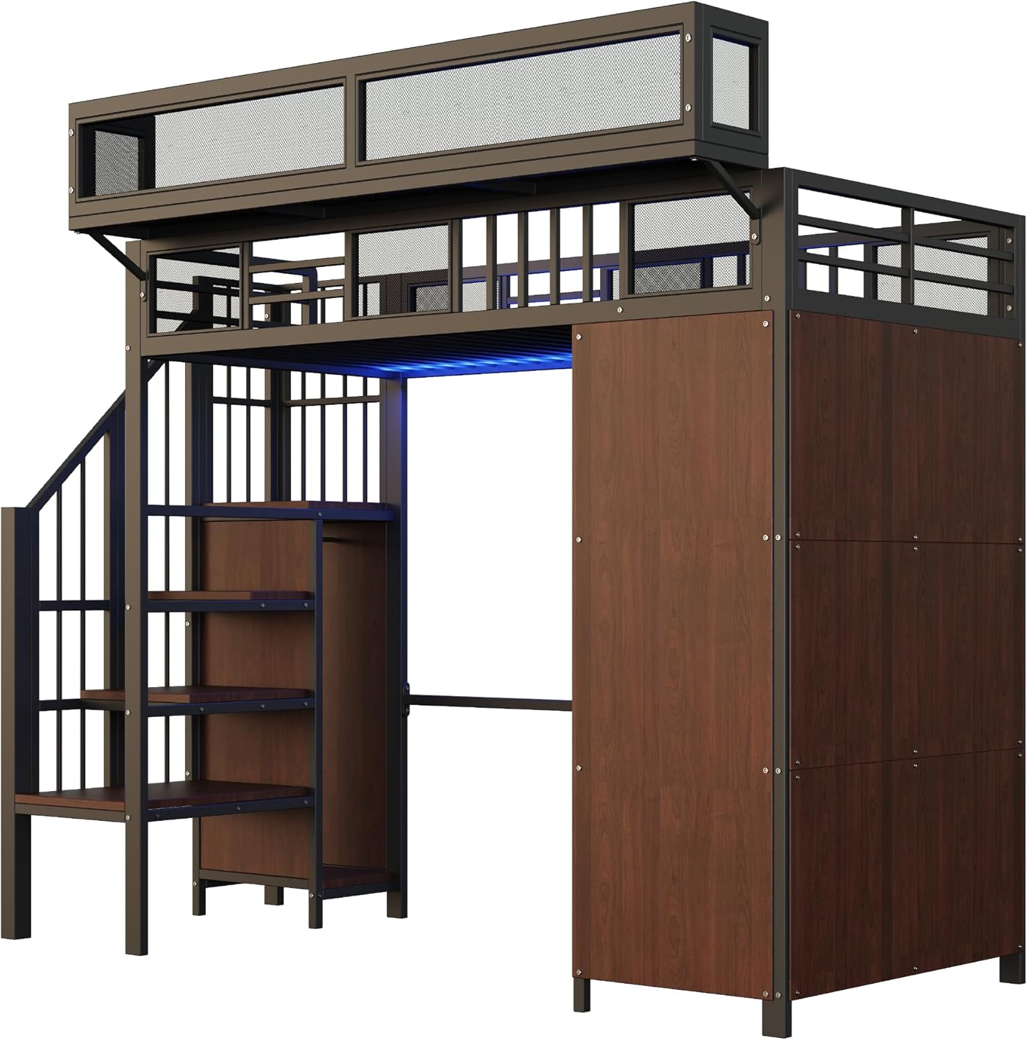 Merax Metall-Hochbett 90×200 cm, mit Kleiderschrank, LED-Beleuchtung, und abnehmbaren Regalen, platzsparendes Loftbett, Schwarz (ohne Matratze) — Ansicht 6
