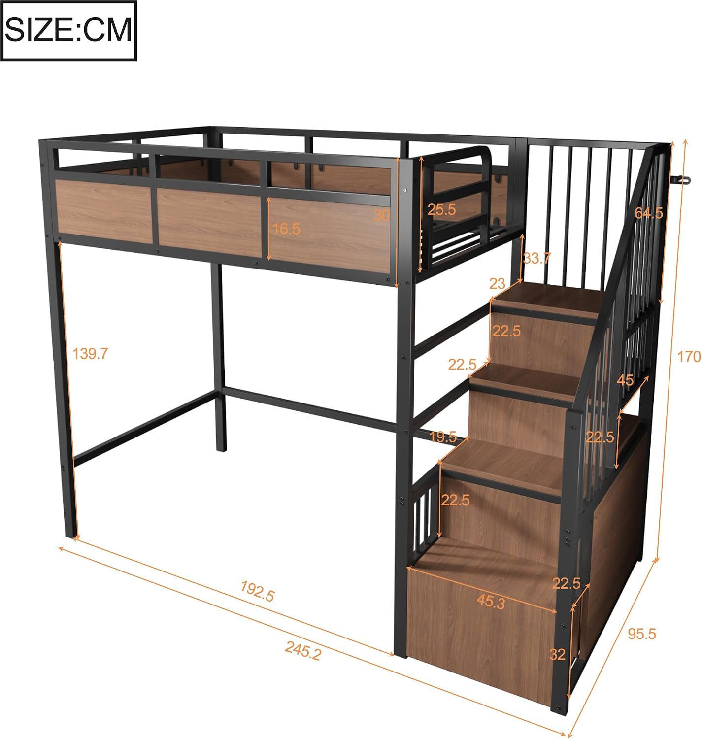 Merax Metall-Hochbett 90x200 cm mit erhöhtem Sicherheitsgitter, beidseitig montierbarer Stauraumleiter & LED – Schwarz (Ohne Matratze) — Ansicht 2