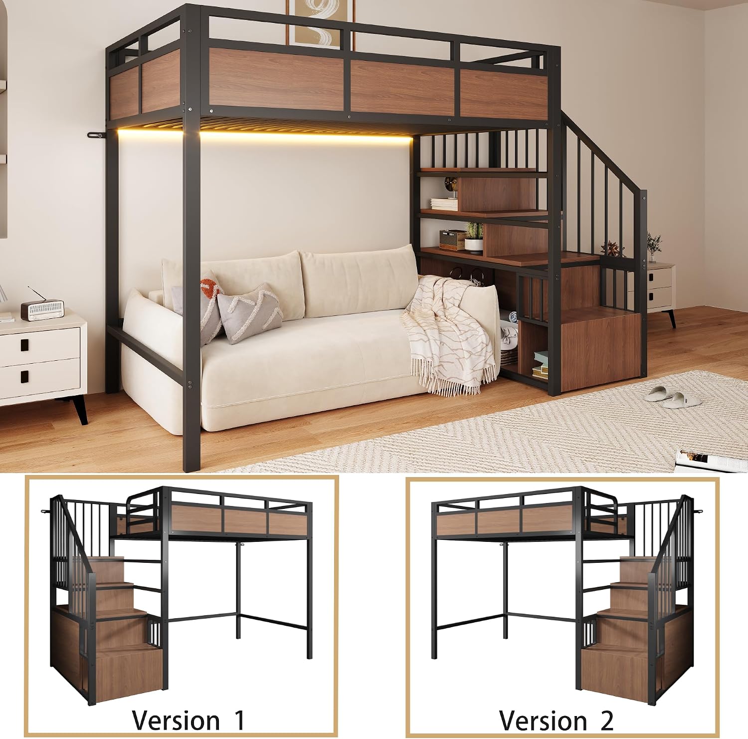Merax Metall-Hochbett 90x200 cm mit erhöhtem Sicherheitsgitter, beidseitig montierbarer Stauraumleiter & LED – Schwarz (Ohne Matratze) — Ansicht 3