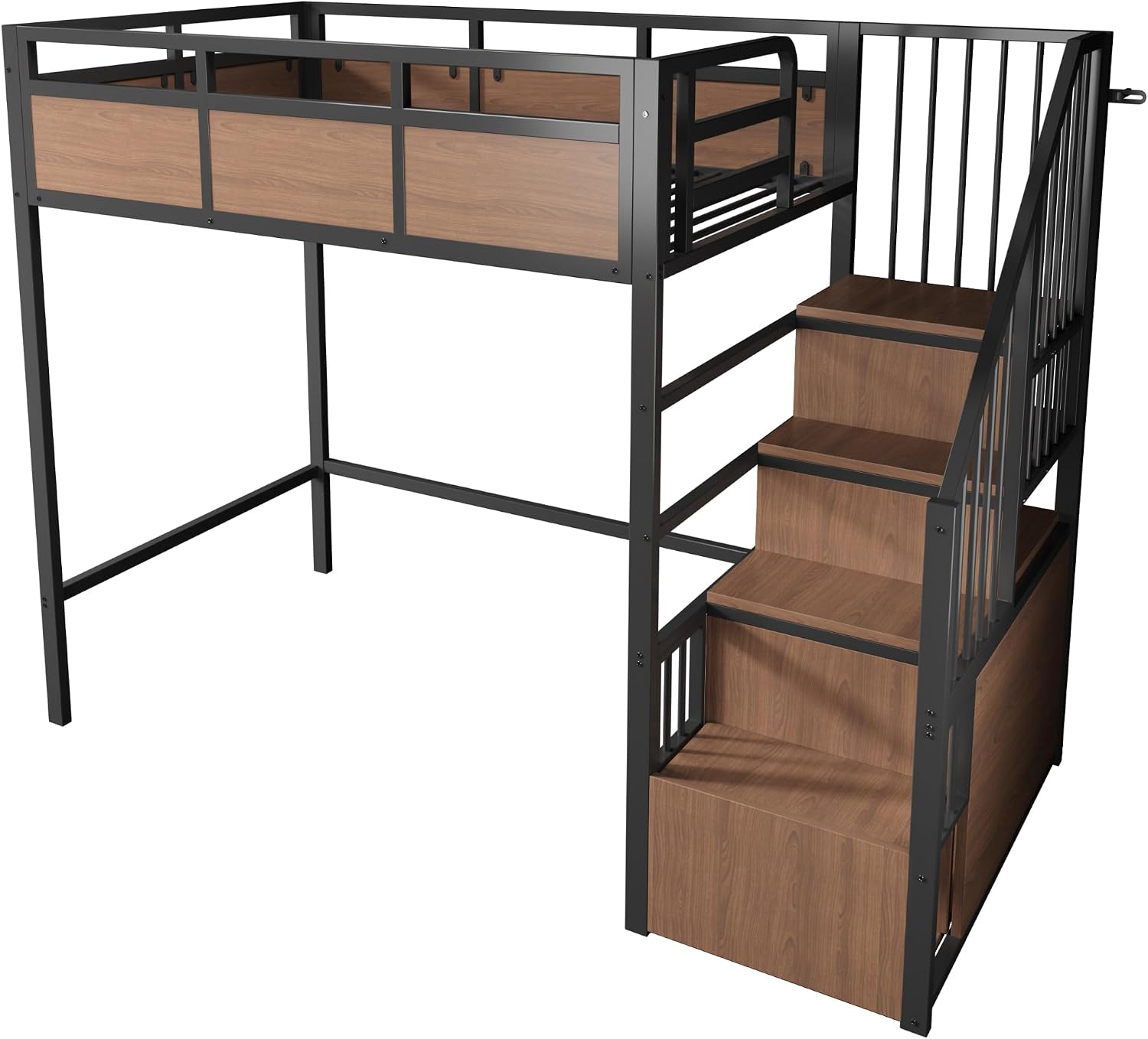 Merax Metall-Hochbett 90x200 cm mit erhöhtem Sicherheitsgitter, beidseitig montierbarer Stauraumleiter & LED – Schwarz (Ohne Matratze) — Ansicht 5