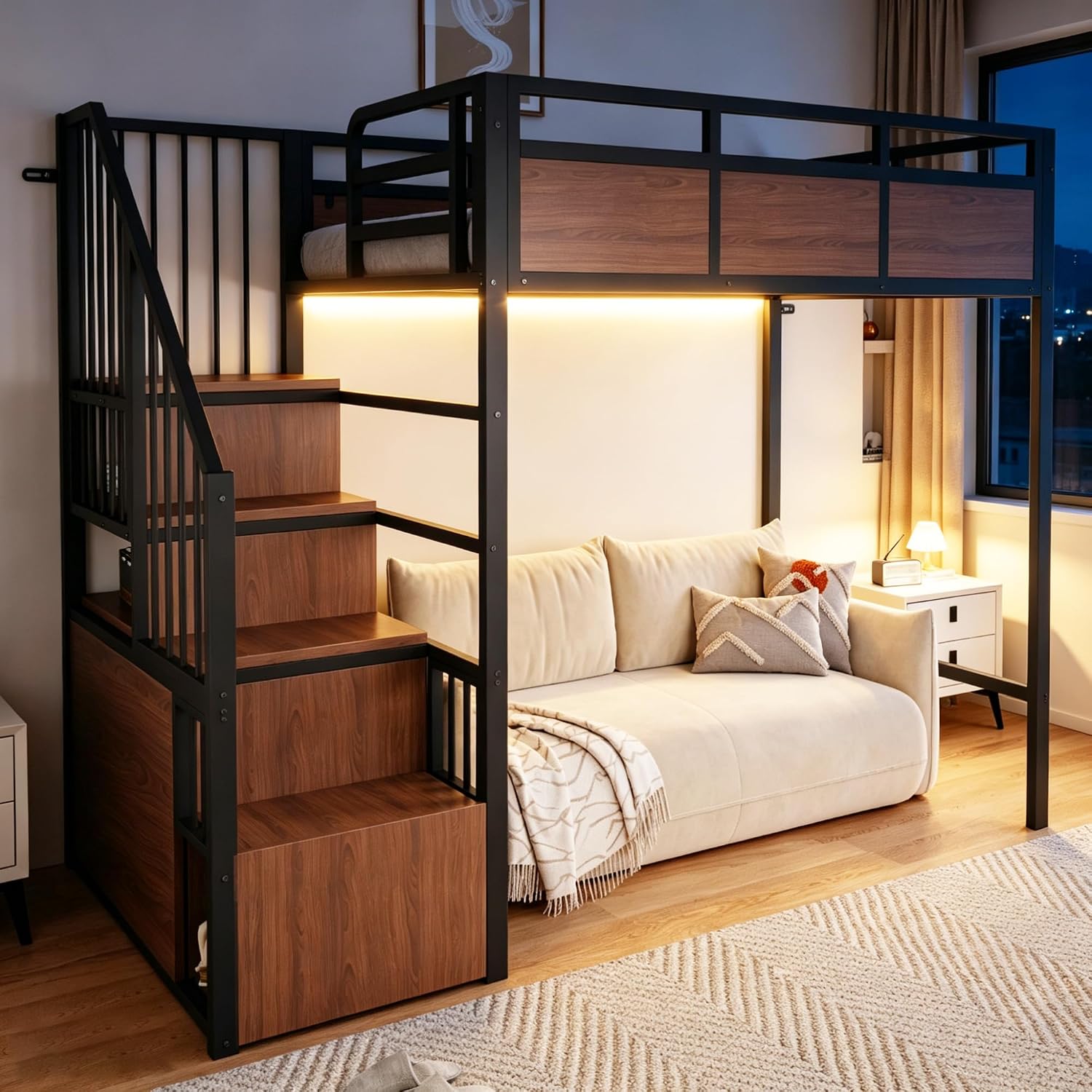 Merax Metall-Hochbett 90x200 cm mit erhöhtem Sicherheitsgitter, beidseitig montierbarer Stauraumleiter & LED – Schwarz (Ohne Matratze)