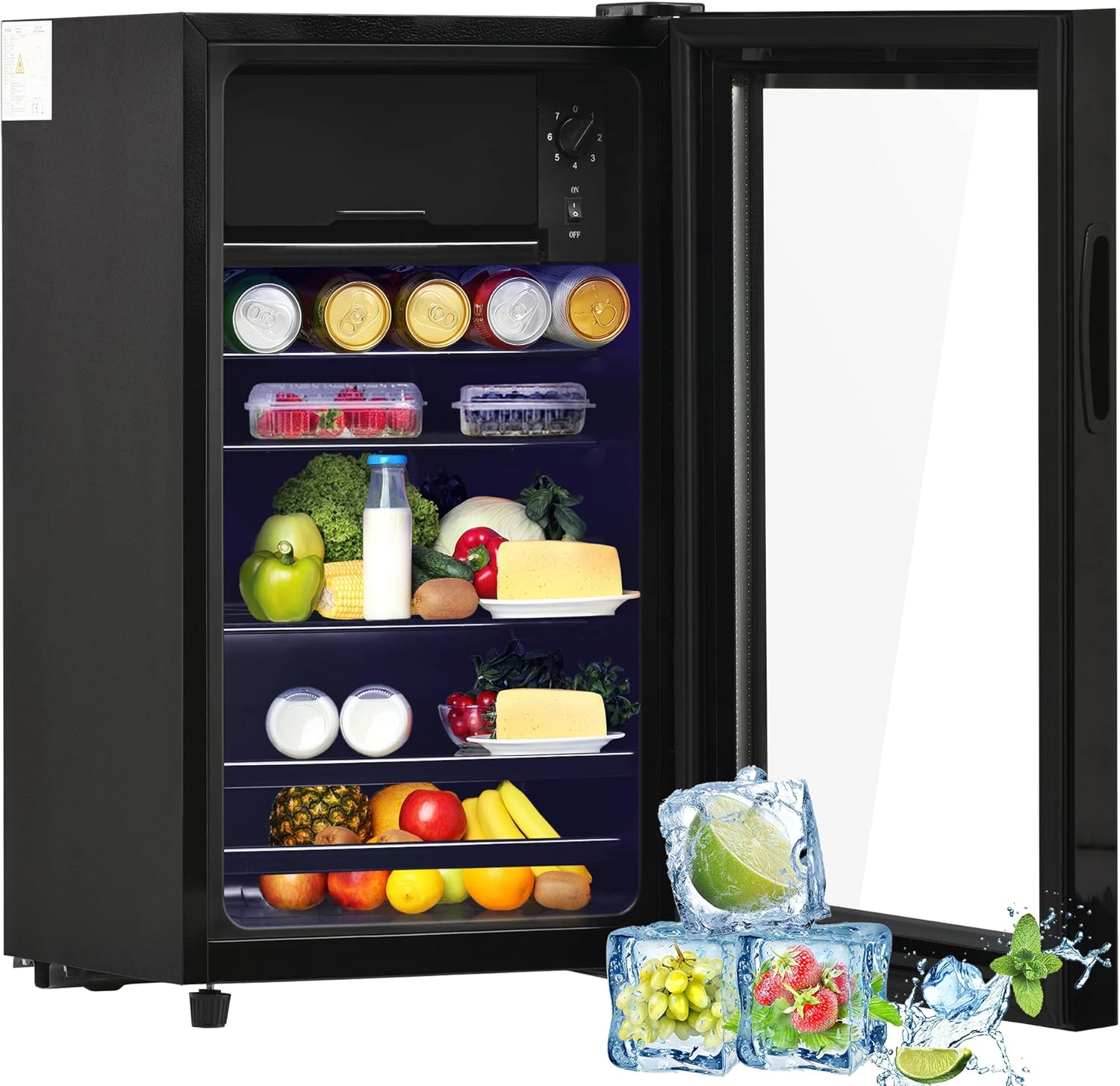 Merax Mini-Kühlschrank mit Glastür&LED, Flaschenkühlschrank, Getränkekühlschrank, 6L+70L für Eis, -10-0°C, 83kWh/Jahr, 71.6 * 40.0 * 43.5cm, geeignet für Büros/Haus