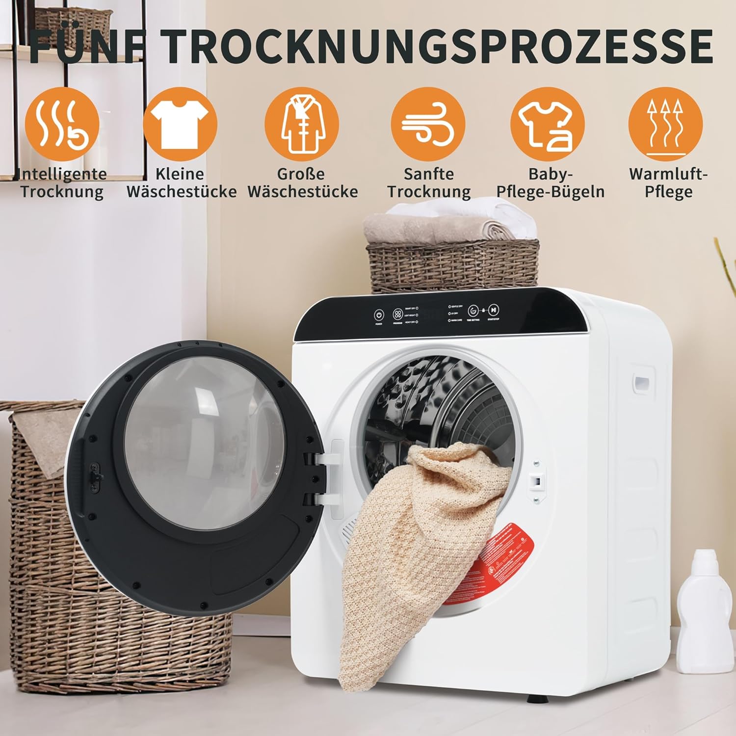 Merax Mini Wäschetrockner 3 kg (bis 4,5 kg) – Abgastrockner mit 6 Programmen, UV- & Hochtemperatur-Sterilisation, Timer 10–180 Min, Kindersicherung, Überhitzungsschutz, Wandmontage, 830 W — Ansicht 6