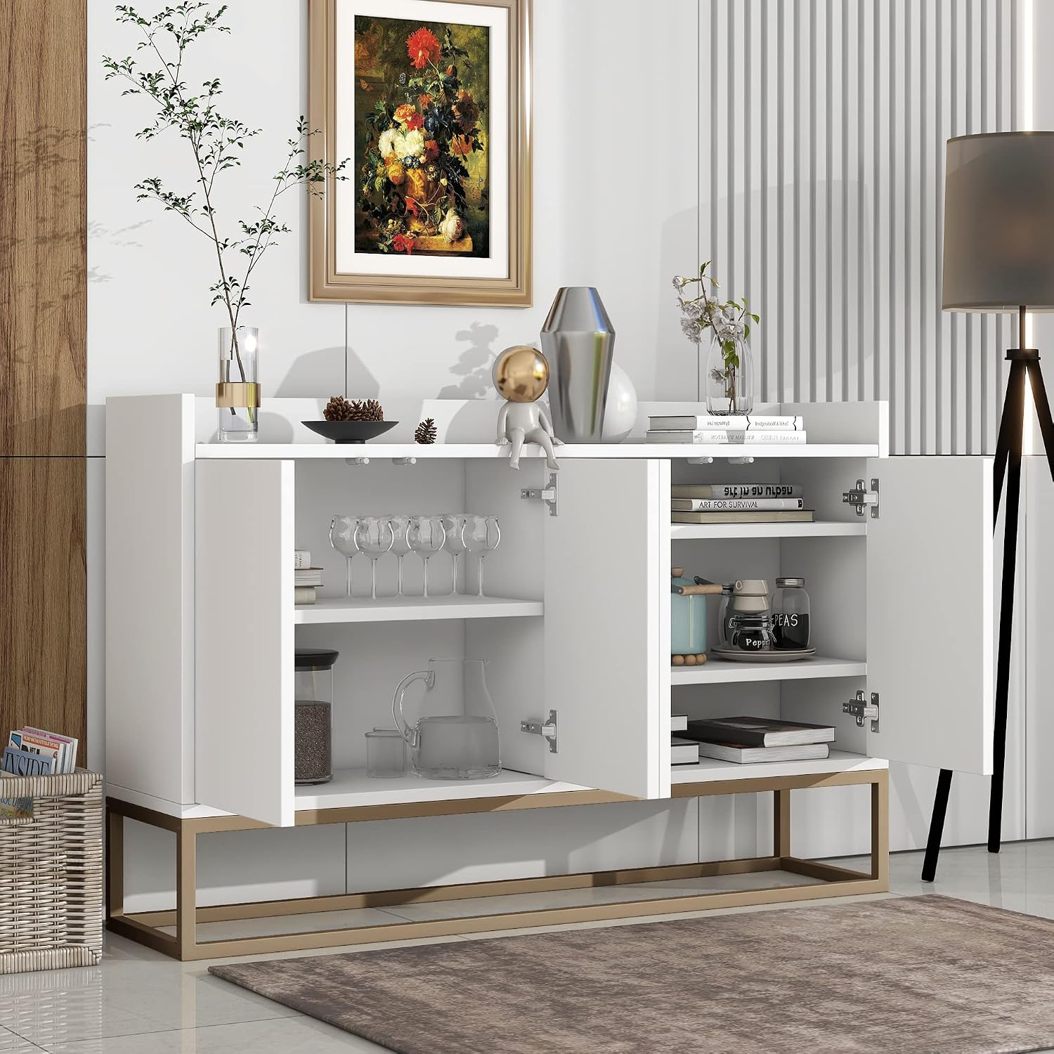 Merax Minimalistisches Sideboard Küchenschrank Buffetschrank Esszimmerschrank in modernem Stil: 4-türiger griffloser Buffetschrank für Esszimmer, Wohnzimmer & Küche 120 × 30 × 80 cm (weiß) — Ansicht 2