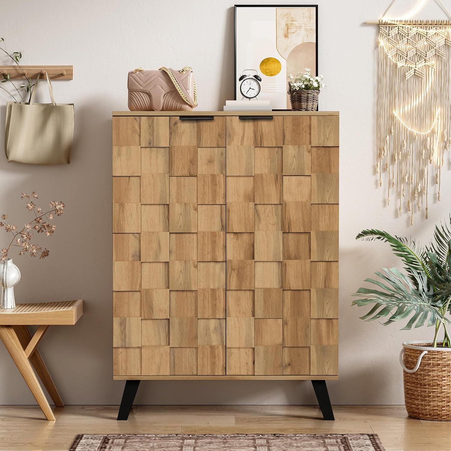 Merax Moderner Schuhschrank, Sideboard mit 5 Fächern, 80,5 x 35 x 109,5 cm, verstellbare Einlegeböden, Schwarze Metallgriffe und Füße, für Flur und Schlafzimmer, Holzfarbe