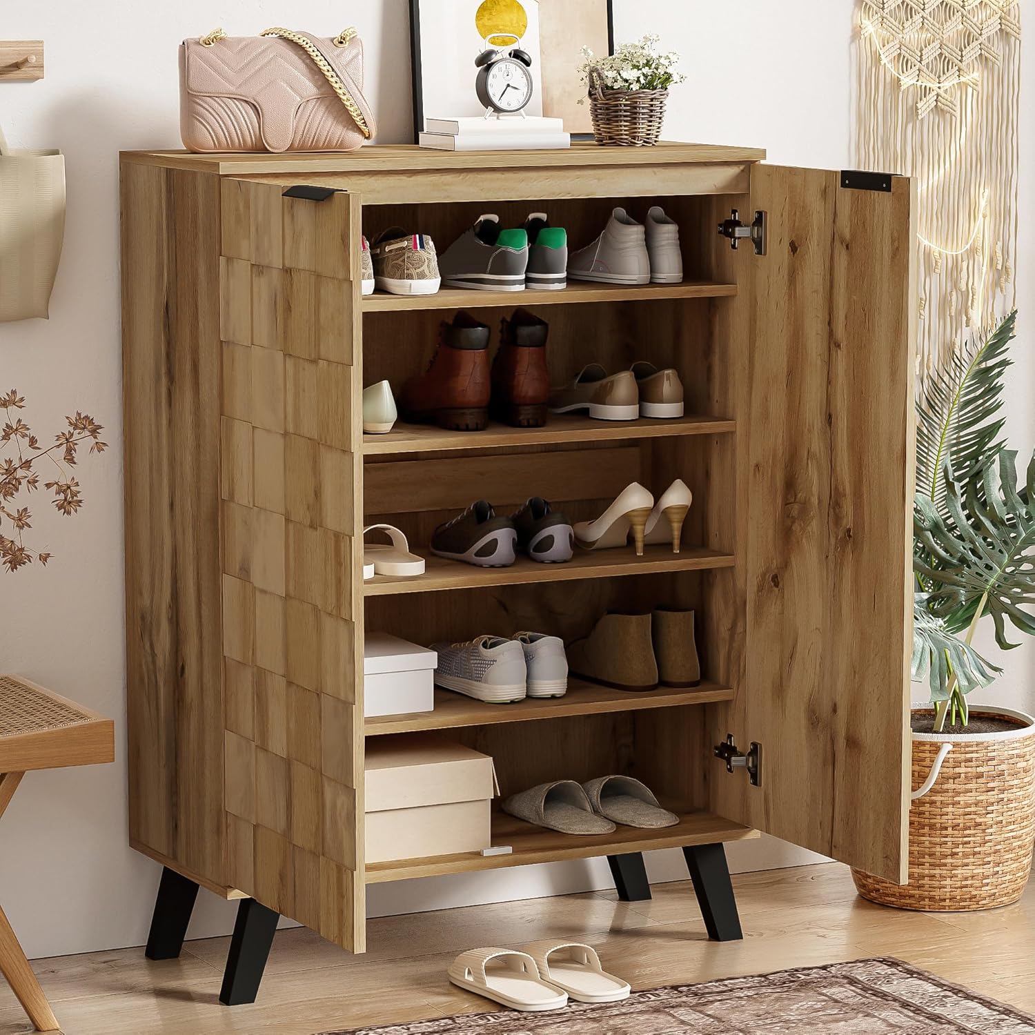 Merax Moderner Schuhschrank, Sideboard mit 5 Fächern, 80,5 x 35 x 109,5 cm, verstellbare Einlegeböden, Schwarze Metallgriffe und Füße, für Flur und Schlafzimmer, Holzfarbe — Ansicht 5