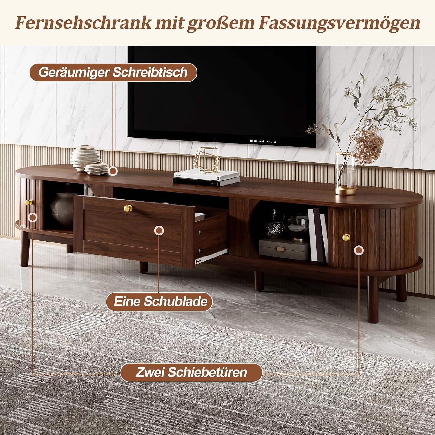 Merax Moderner TV-Ständer 170x39,5x38 cm, mit Schubladen und Schiebetüren, abgerundete Ecken, TV-Lowboard mit Stauraum für Wohnzimmer und Schlafzimmer, dunkle Holzfarbe — Ansicht 3